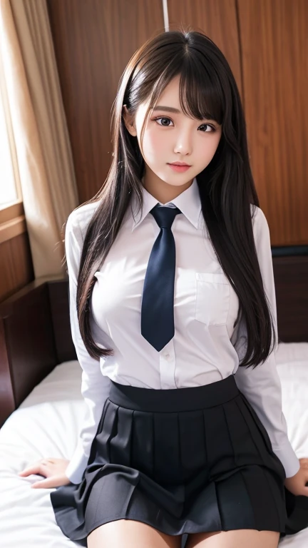 ((Highest quality)), ((masterpiece)), (detailed), One girl, White shirt open front,Black Skirt,School uniforms,、sit、Thighs