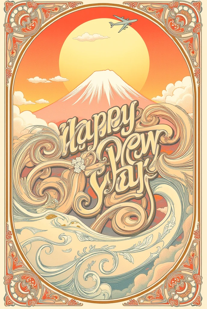 poster, new year, write "HAPPY NEW YEAR" and "2024' and "2025" in calligraphy, the Sun, Mt. Fuji, airplane, (transition of time from 2024 to 2025:1.3), Alphonse Mucha Style, AM Style, Art Nouveau Poster