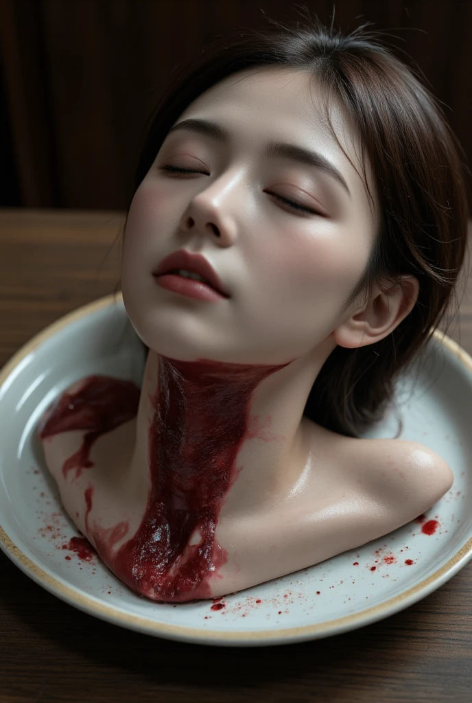   place the head of a decapitated woman , Asia,  Less blood stains   , ((  with eyes closed )),   like a dish on a plate  , Bloody,  actual , 4K, Nikon, fear