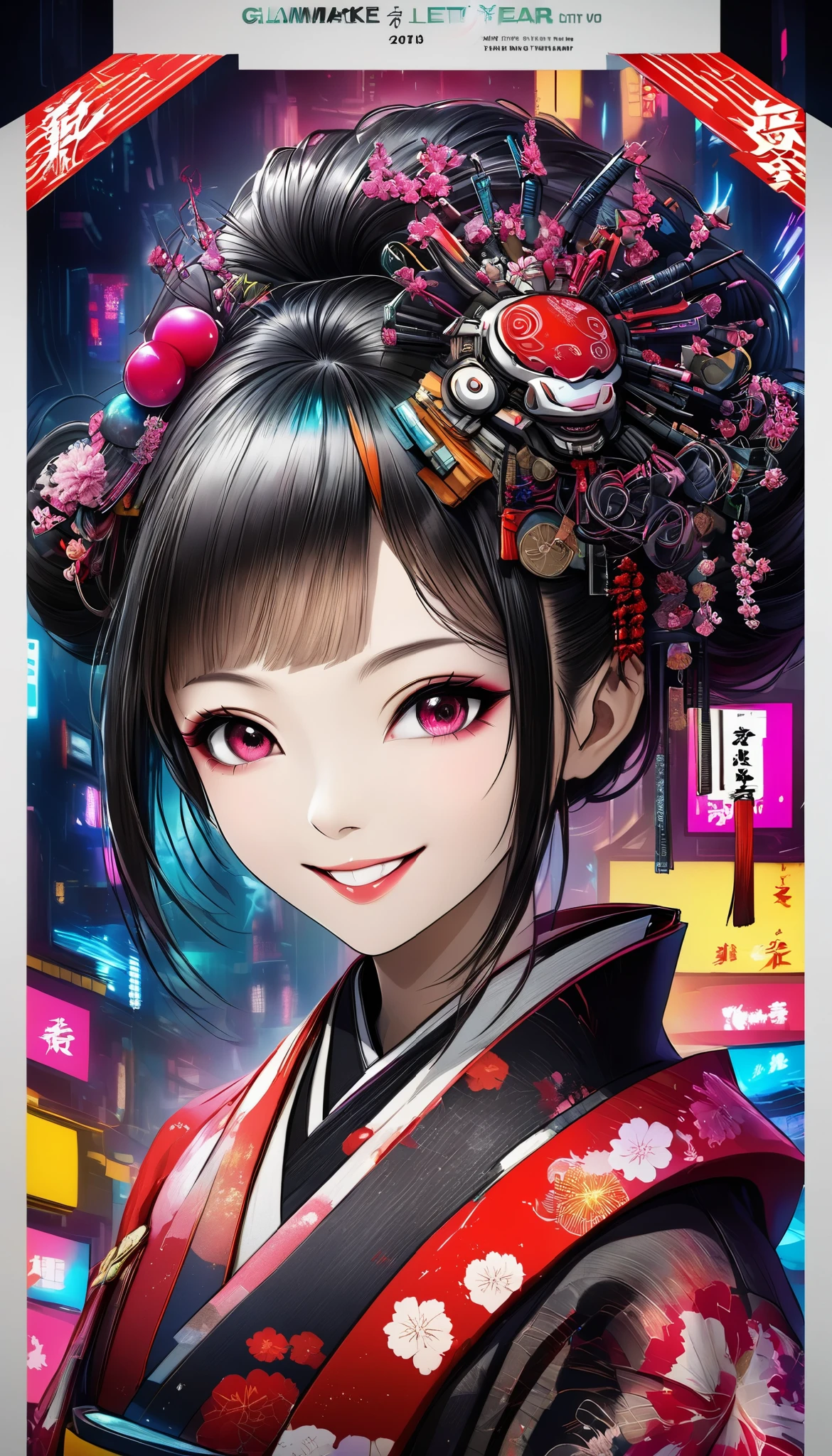 A new style like no other ,  digital design poster using brilliance ,  expresses the glamor of the new year in detail ,  Let's make a poster full of smiles that combines cyberpunk and traditional Japanese beauty