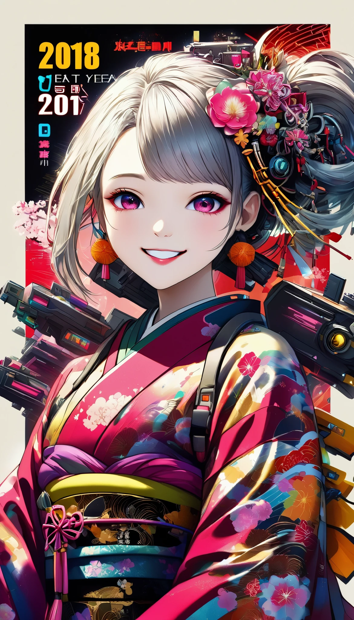 A new style like no other ,  digital design poster using brilliance ,  expresses the glamor of the new year in detail ,  Let's make a poster full of smiles that combines cyberpunk and traditional Japanese beauty