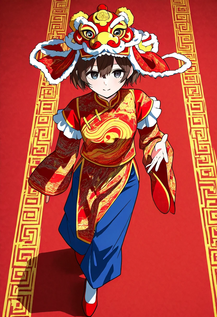 Lion dance hat， lion dance，A lively digital anime-style drawing captures a young girl rocking a traditional Chinese lion dance outfit. The kid's  standing on a red carpet. He's decked out in a red long-sleeved shirt with gold patterns， blue pants， and red shoes. 