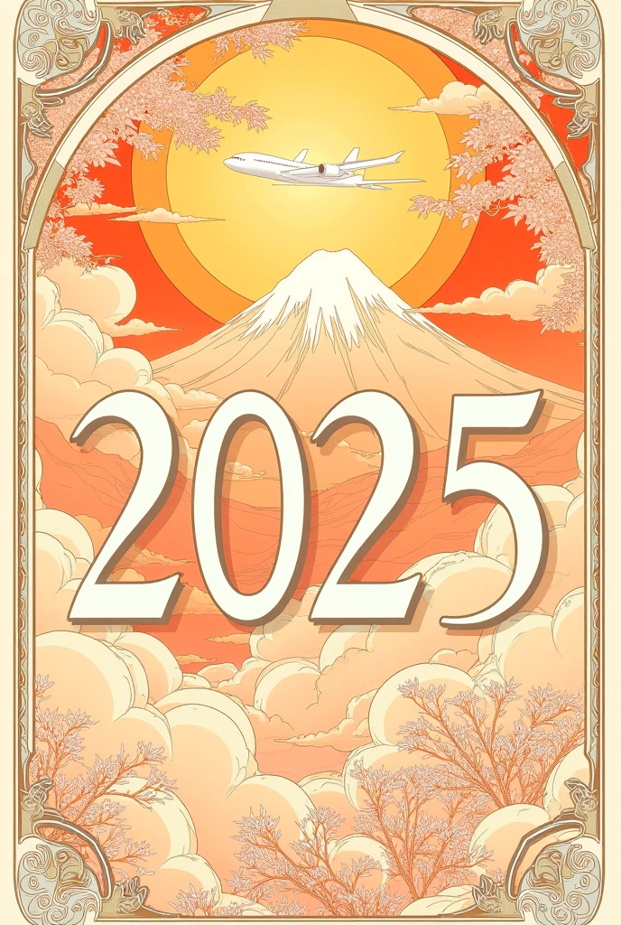 poster, new year, write "HAPPY NEW YEAR" and "2025" in calligraphy, the Sun, Mt. Fuji, airplane, (transition of time from 2024 to 2025:1.3), Alphonse Mucha Style, AM Style, Art Nouveau Poster