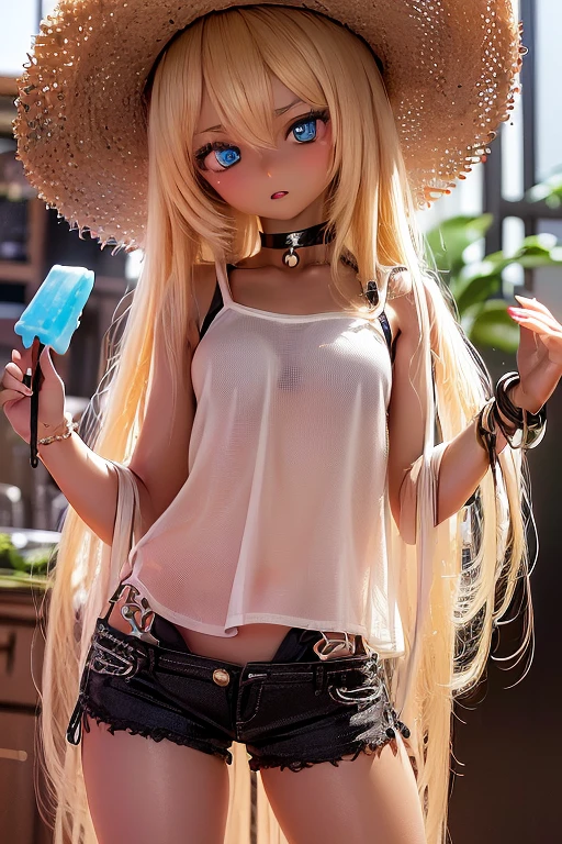 photorealistic, realistic photo, 8k, Canon EOS, ((highest quality)), ((masterpiece)), (extremely detailed), kukolnydom, doll, shiny skin, (dark skin:2), (contrapposto, head tilt, holding popsicle, straw hat, black camisole, shorts, choker, bracelet, mature woman, 21yo, 21_years_old, solo:1.6), (, parted lips, blonde hair, long hair, two side up, looking away, blank stare, blue eyes, glass eyes, shining eyes, detailed face:1.3)