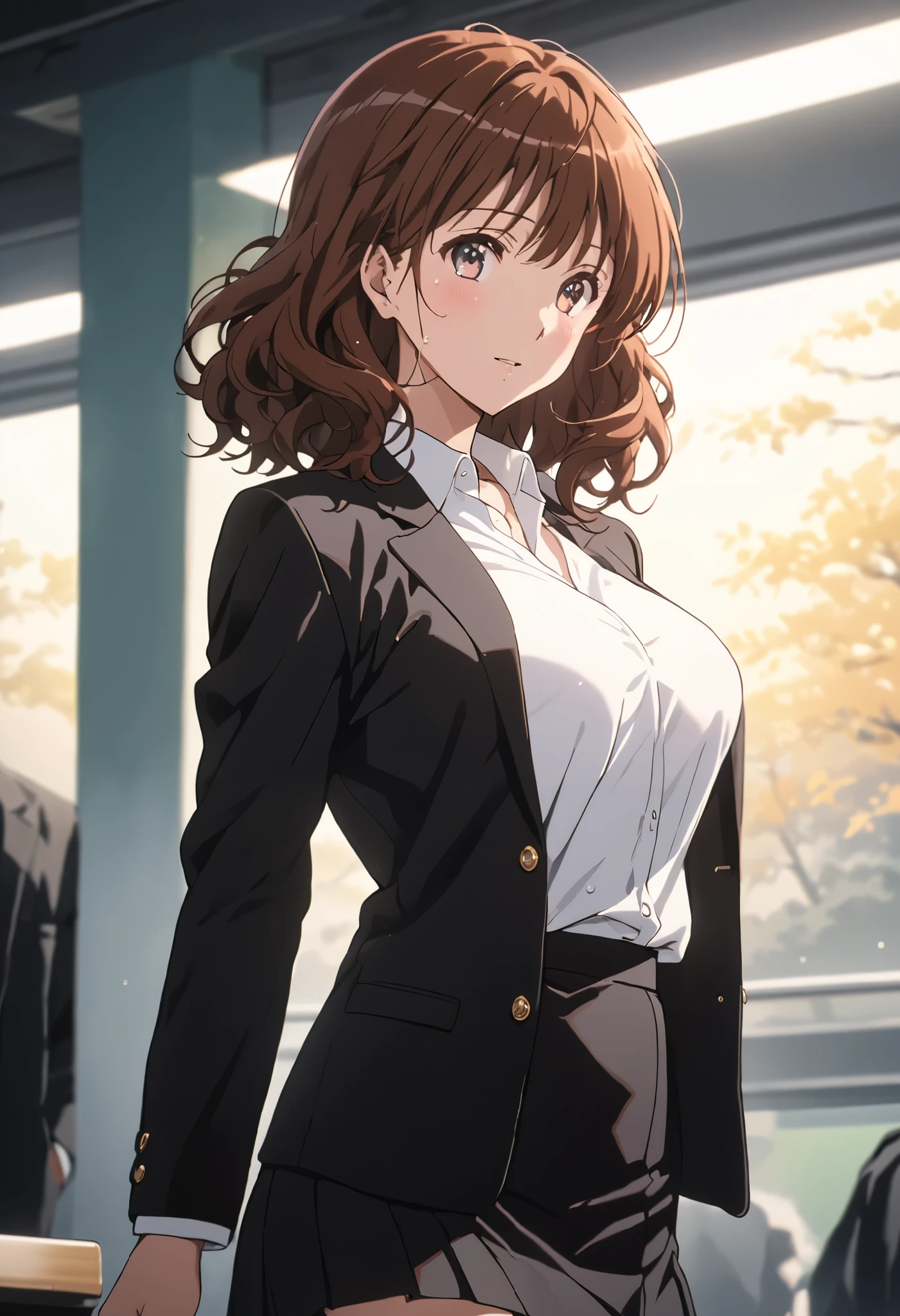 masterpiece, Best Quality, High resolution,16k,official art,super detailed skin,detailed,animated painting, (Kumiko Oumae:1.3),1990s \(style\),(black jacket,white shirt,black mini skirt:1.3)、(E-cup beautiful breasts)、clevage, (tall:1.2),height: 170cm,Fashion model body type、Sweating all over the body、vapor、Muscular、(sexy),nsfw,Sweaty、Configuration from the front、happy,Anime-style painting style,brown Hair,medium wavy Hair、Close up on full body,Cinematic lighting,Superfine,in the school,winter,(sexy),
