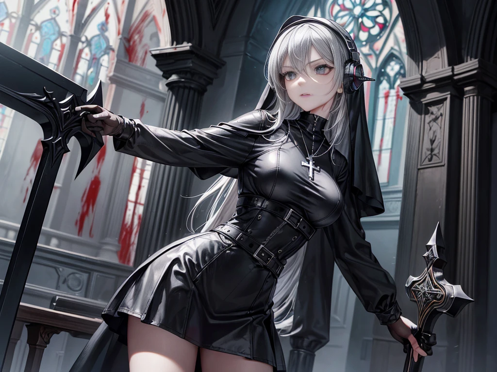 masterpiece, best quality, highres, soft lighting, church, window, sunlight, 1girl, medium breasts, long grey hair, red eyes, nun, habit, black choker, side slit, shoulder cutout, hip bones, black thighhighs, kneeling, <lora:hKHK416Lora_v20:0.7>, (holding weapon, holding rifle,aiming,aim:1.2), cowboy shot