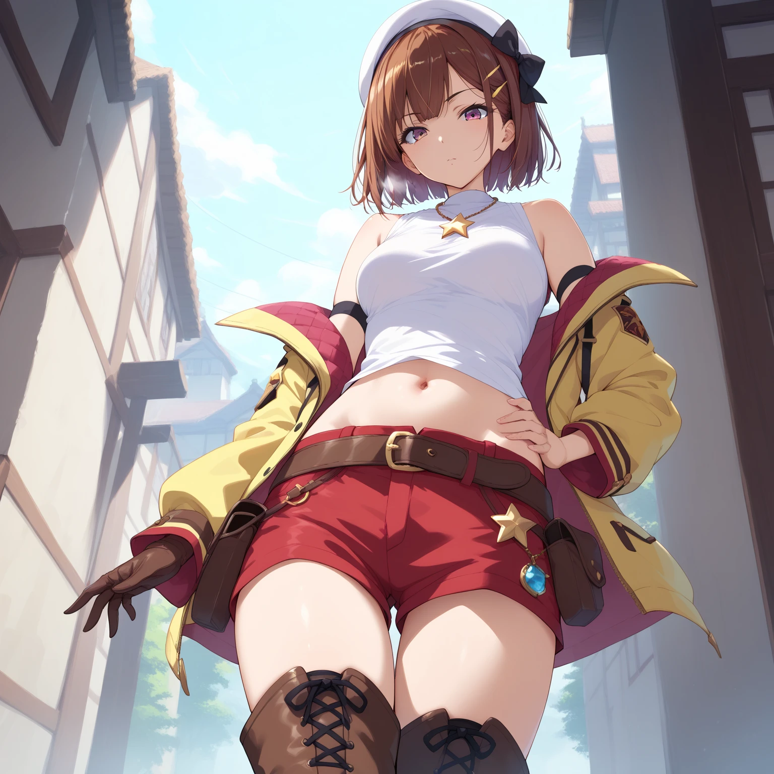 orange eyes light,richly faded light orange hair, anime 1girl, no skirt, brown military boots, pouch on the waist belt, khaki bikini, "black tights", "dark_orange knee pad on right leg",( night city:1.4), black long cloak, (good hand:1.5 ) good legs, (Good face: 1.5), 1girl, best hand, no worst hand. without clothes, in big city