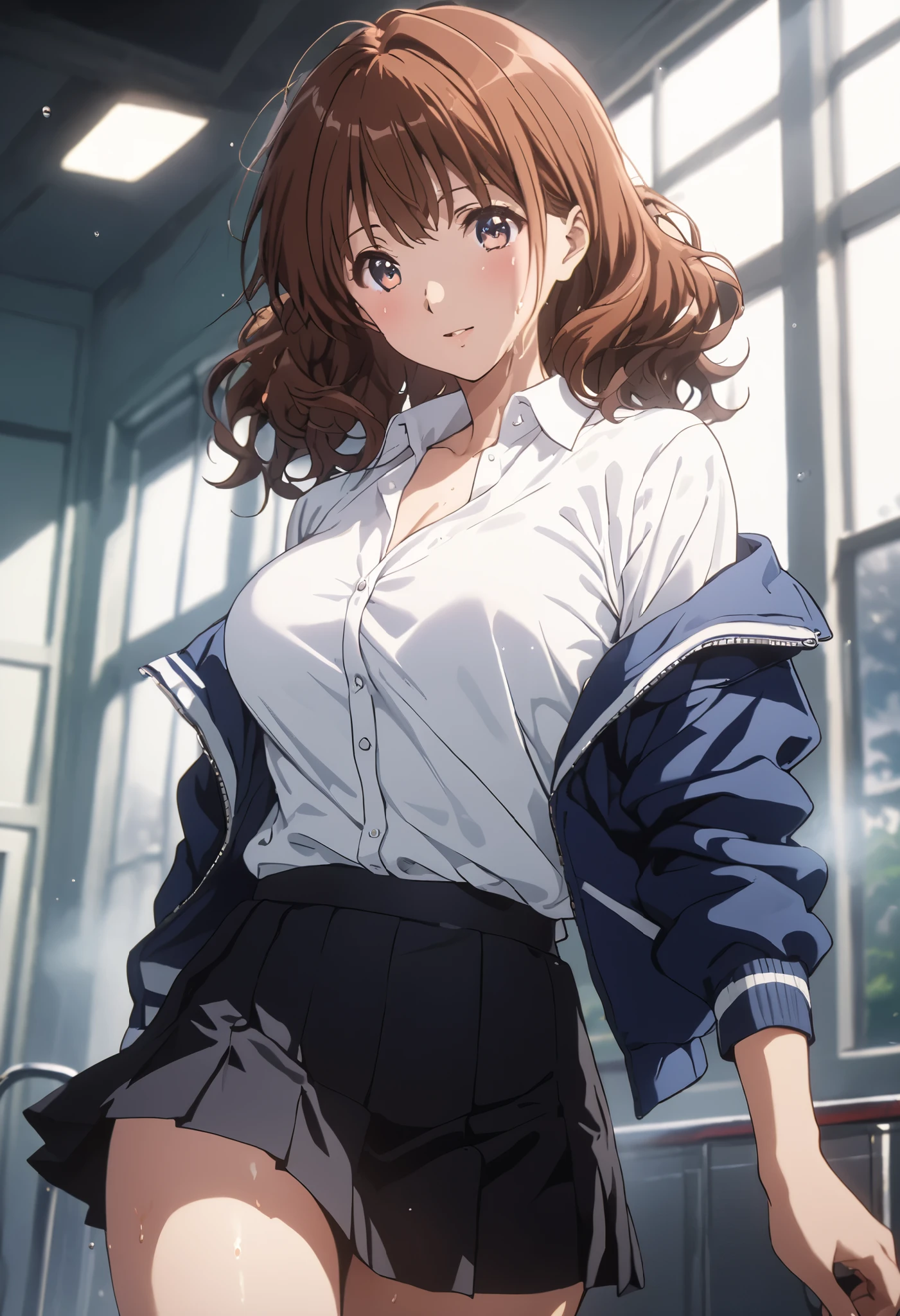 masterpiece, Best Quality, High resolution,16k,official art,super detailed skin,detailed,animated painting, (Kumiko Oumae:1.3),1990s \(style\),(navy jacket,white shirt,black mini skirt:1.3)、(E-cup beautiful breasts)、clevage, (tall:1.2),height: 170cm,Fashion model body type、Sweating all over the body、vapor、Muscular、(sexy),nsfw,Sweaty、Configuration from the front、happy,Anime-style painting style,brown Hair,medium wavy Hair、Close up on full body,Cinematic lighting,Superfine,in the school,winter,(sexy),