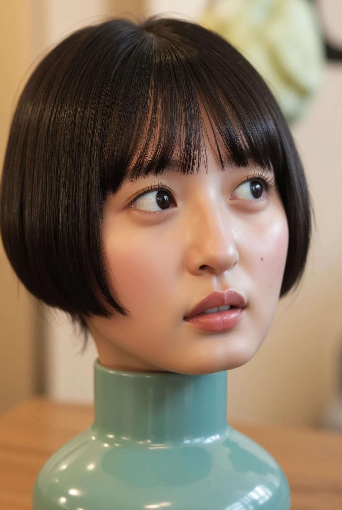 (The high resolution photograph of a young Japanese woman's disembodied head in a vase on the table top), photo realistic, masterpiece, amazing quality, intricate details, professional lighting, close-up of her head, face focus, black hair with thick blunt bangs, looking up at the viewer, sad expression, detailed face, detailed eyes, sophisticated nose, indoors, bright room, daylight, tomak,