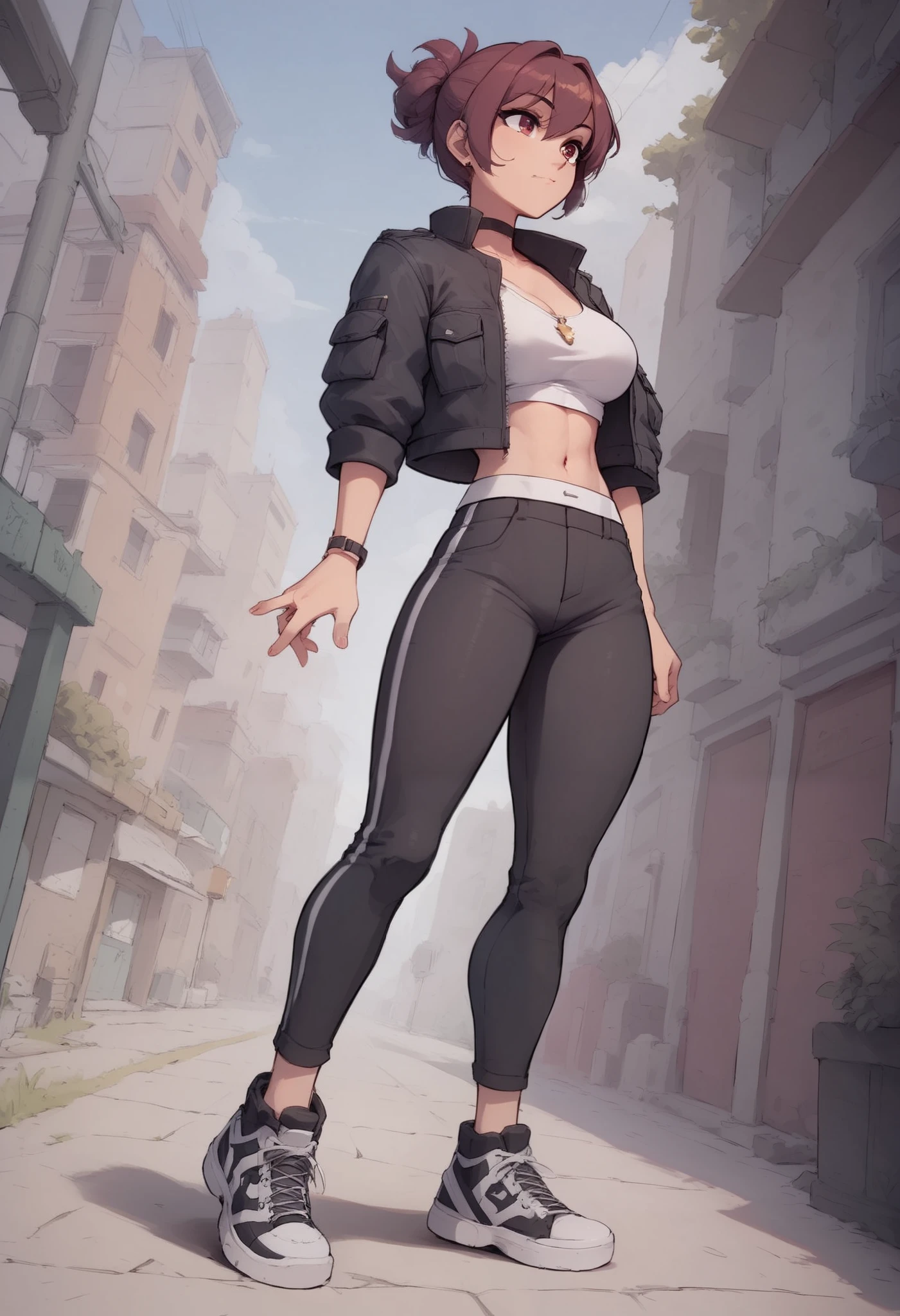 The outfit shows a casual and modern style . The person is wearing a red cropped jacket with a design that seems stripped and urban, with white details . The lower part consists of wide black pants , that go well with the top and provide comfort . On the feet, there is a pair of dark sneakers . The combination reflects a youthful and cool look , ideal for a casual day .
