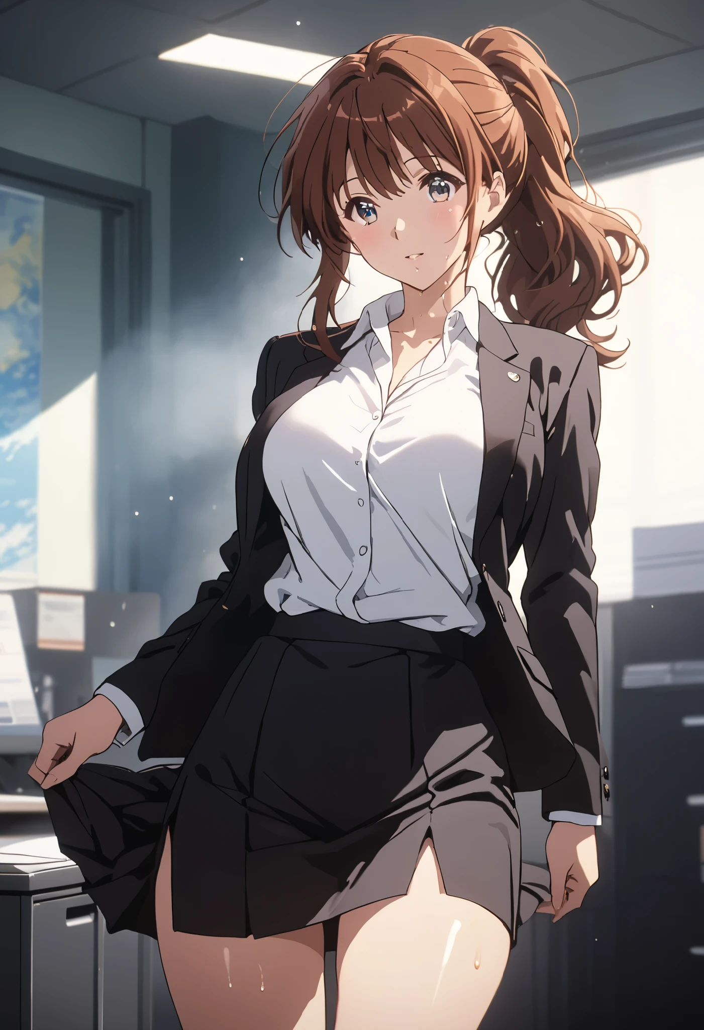 masterpiece, Best Quality, High resolution,16k,official art,super detailed skin,detailed,animated painting, (Kumiko Oumae:1.3),1990s \(style\),(black office jacket,white shirt,black mini skirt:1.3)、(E-cup beautiful breasts)、clevage, (tall:1.2),height: 170cm,Fashion model body type、Sweating all over the body、vapor、Muscular、(sexy),nsfw,Sweaty、Configuration from the front、happy,Anime-style painting style,brown Hair,medium ponytail Hair、Close up on full body,Cinematic lighting,Superfine,in the school,winter,(sexy),