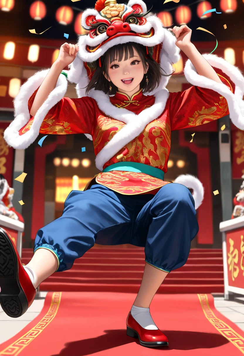 (best quality,4k,8k,highres,masterpiece:1.2),ultra-detailed,(realistic,photorealistic,photo-realistic:1.37),digital anime-style drawing,young girl,traditional Chinese lion dance outfit,red carpet,red long-sleeved shirt with gold patterns,blue pants,red shoes,beautiful detailed eyes,beautiful detailed lips,extremely detailed eyes and face,long eyelashes,playful expression,holding a lion dance hat,energetic pose,joyful atmosphere,traditional Chinese festival,rich cultural details,celebratory scene,vivid colors,bokeh,soft lighting,Chinese culture,folk art,authentic textures,highly detailed background,traditional decorations,red and gold tones,confetti in the air,smiling,excited,engaging,whimsical,harmonious composition,dynamic movement,modern yet traditional,urban setting,street scene