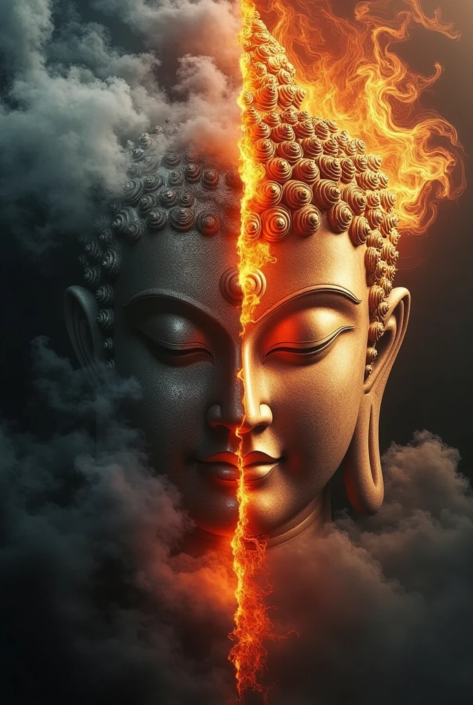 Buddha portrait, half demon and half Buddha, a contrast between flames and misty clouds and golden auspicious clouds, a comparison between evil and goodness, a visually striking and creatively spatial artistic masterpiece, a master-level work, blending light. 