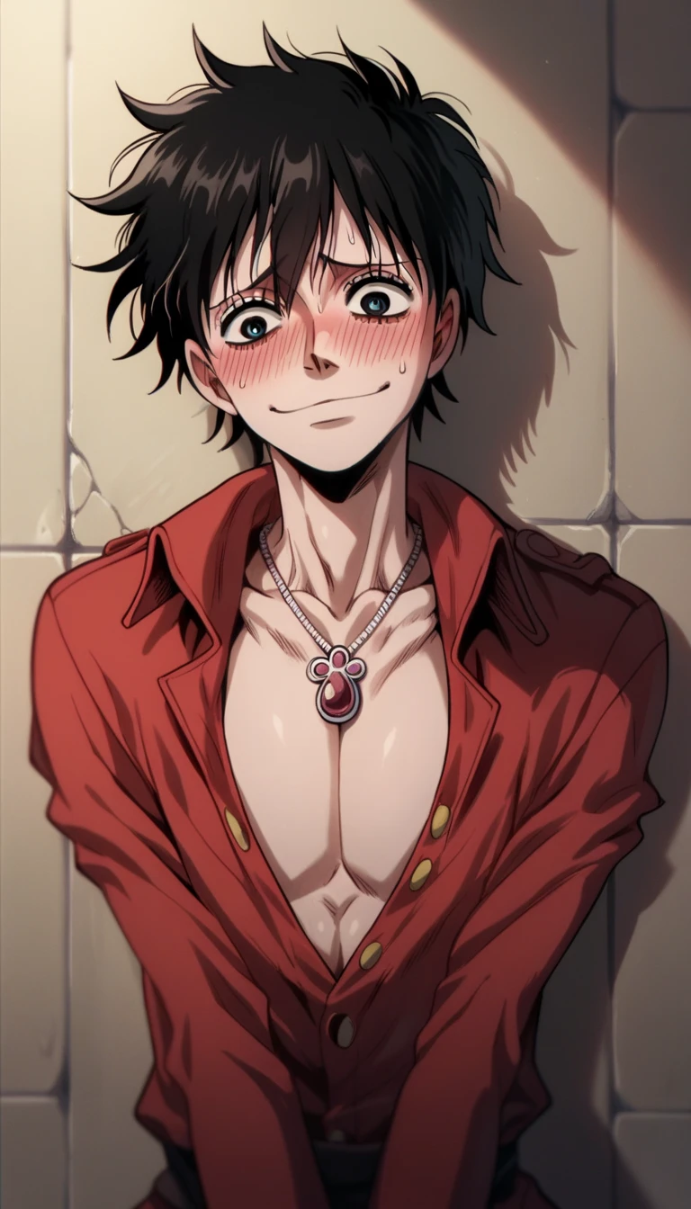 score_9, score_8_up, score_7_up, score_6_up, score_5_up, score_4_up, source_anime, BREAK
hellsing_ultimate_style, solo,1boy,portrait, femboy, twink,  one piece, luffy, large breasts, cleavage, shy, blush, pendant necklace, smirk, against the wall, breasts 