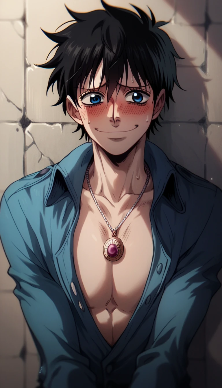 score_9, score_8_up, score_7_up, score_6_up, score_5_up, score_4_up, source_anime, BREAK
hellsing_ultimate_style, solo,1boy,portrait, femboy, twink,  one piece, luffy, large breasts, cleavage, shy, blush, pendant necklace, smirk, against the wall, breasts 