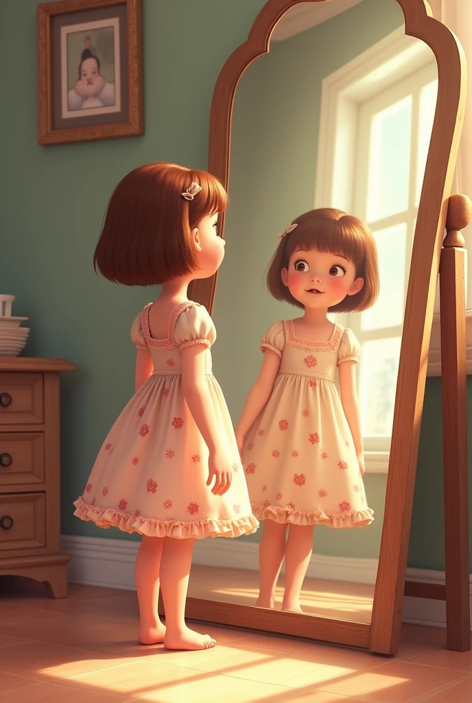 A drawing of a brunette girl with short, loose hair wearing a pink dress and a transparent background and her aunt in her house
