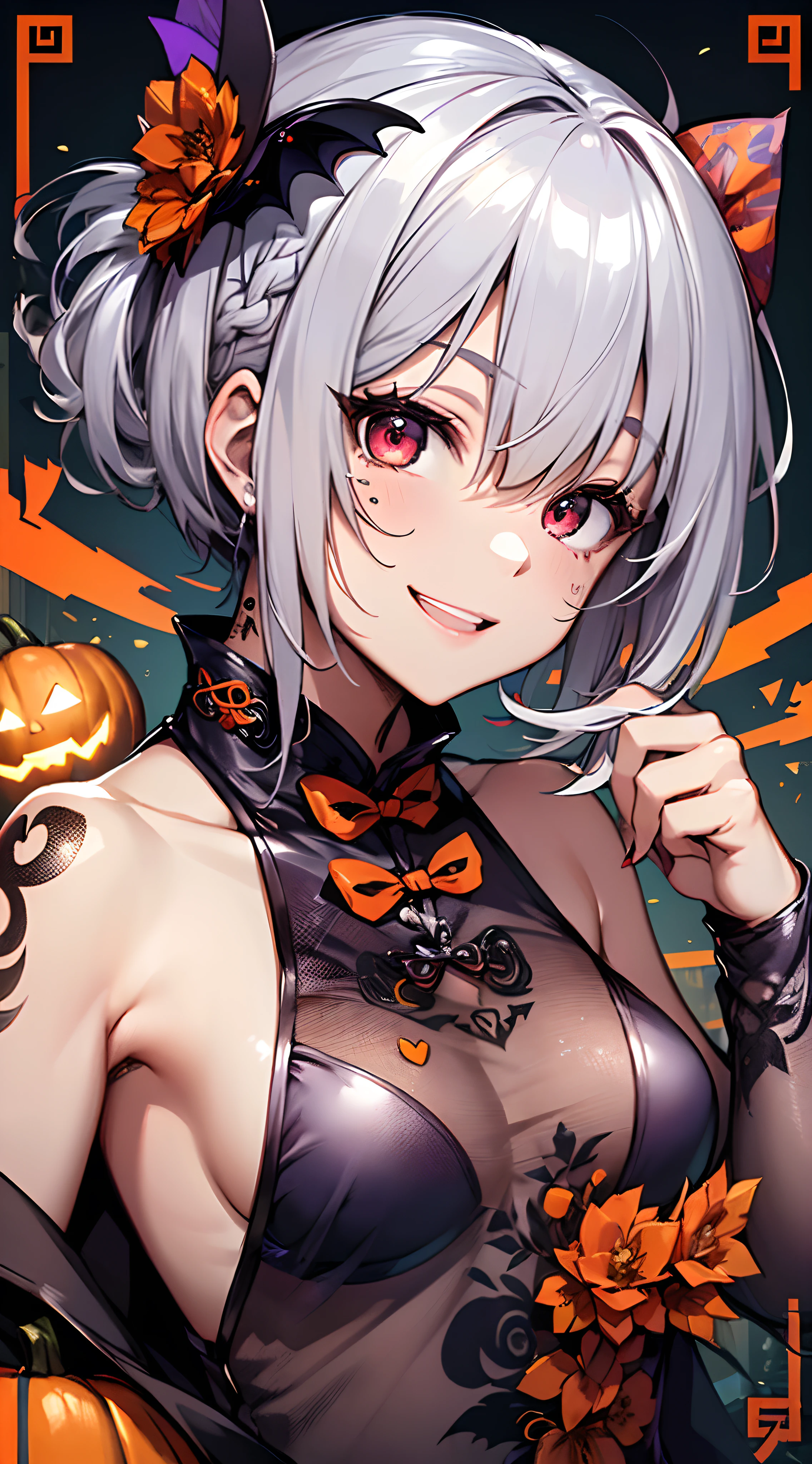 top-quality、Top image quality、in 8K,4K,masterpiece、(NSFW:1.1)、ultra-detailliert、Beautiful、ultra-quality、adult-like、Cool、girl with(((18year old、Halloween Costumes、Cheongsam 1:3、Bust 78、silber hair、a short bob、Red Eyes、erotick:1.4、Happiness、The tattoo)))、hiquality、visualart、Background with((Halloween 1.3))、masutepiece