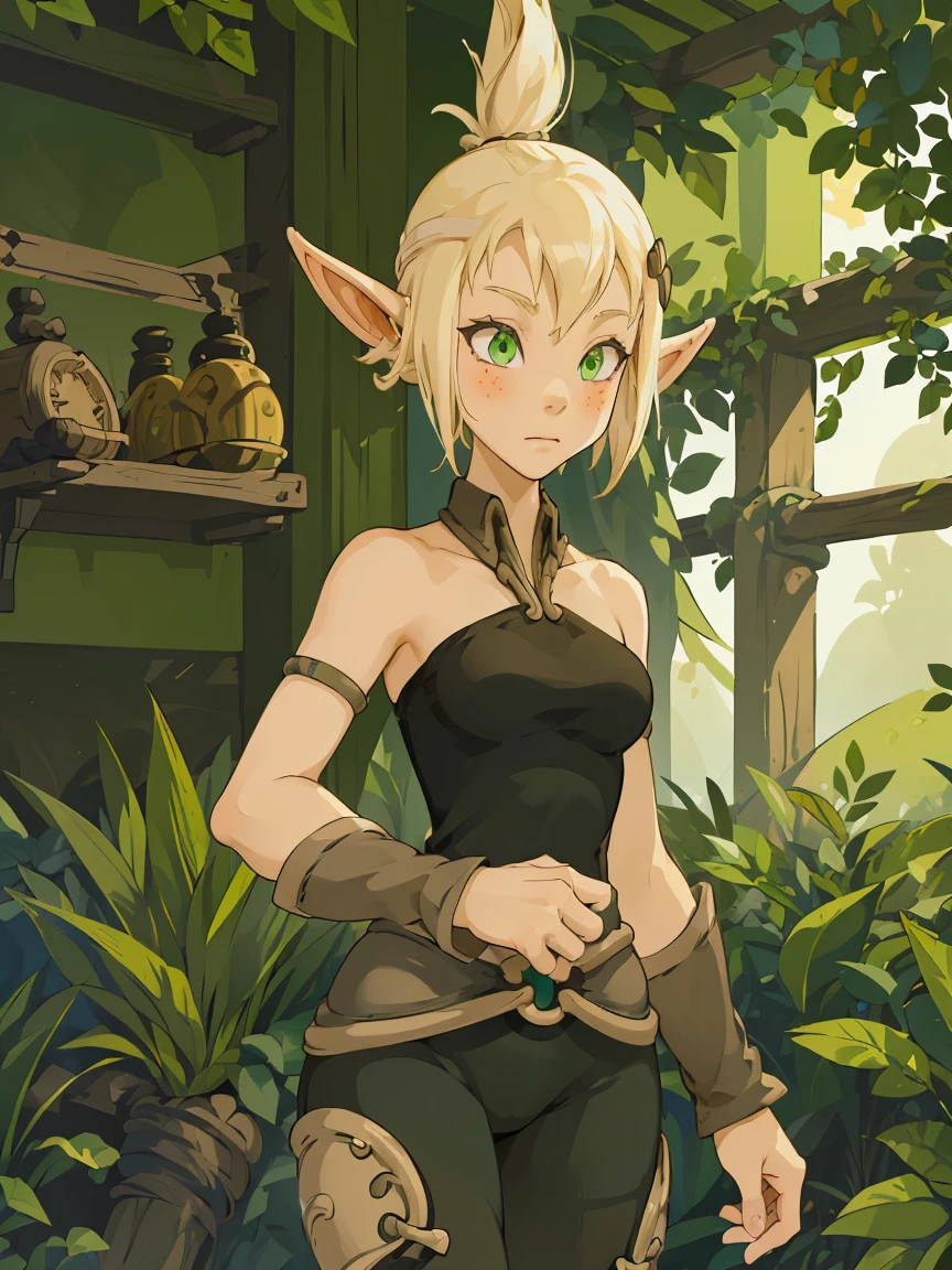 ((ultra qualité)), ((chef-d'œuvre)), Evangelyne - Dédiée, dans le style de Wakfu, ((cheveux blonds courts, coiffure d'Evangelina)), (beau visage), (belles lèvres féminines), (longues oreilles elfiques), charmant, ((expression faciale sexy)), regarde la caméra, yeux légèrement ouverts, (couleur de peau blanche), (peau blanche), reflets sur le corps, ((détaillée belle femme yeux)), ((yeux vert foncé)), (lèvres féminines juteuses), (eye-liner foncé), (belles mains féminines), ((figure féminine idéale)), corps féminin idéal, taille magnifique, de magnifiques cuisses, Belles poitrines moyennes, ((Subtile et belle)), sexy s'assoit (Gros plan sur le visage), (vêtements noirs Evangelyne - saison 1 de Wakfu, vêtements de la première saison de la série animée, haut blanc) contexte: la forêt, ((Profondeur de champ)), ((image claire de haute qualité)), (détails clairs), ((Détail élevé)), réalistement, séance photo professionnelle, ((Mise au point claire)), anime