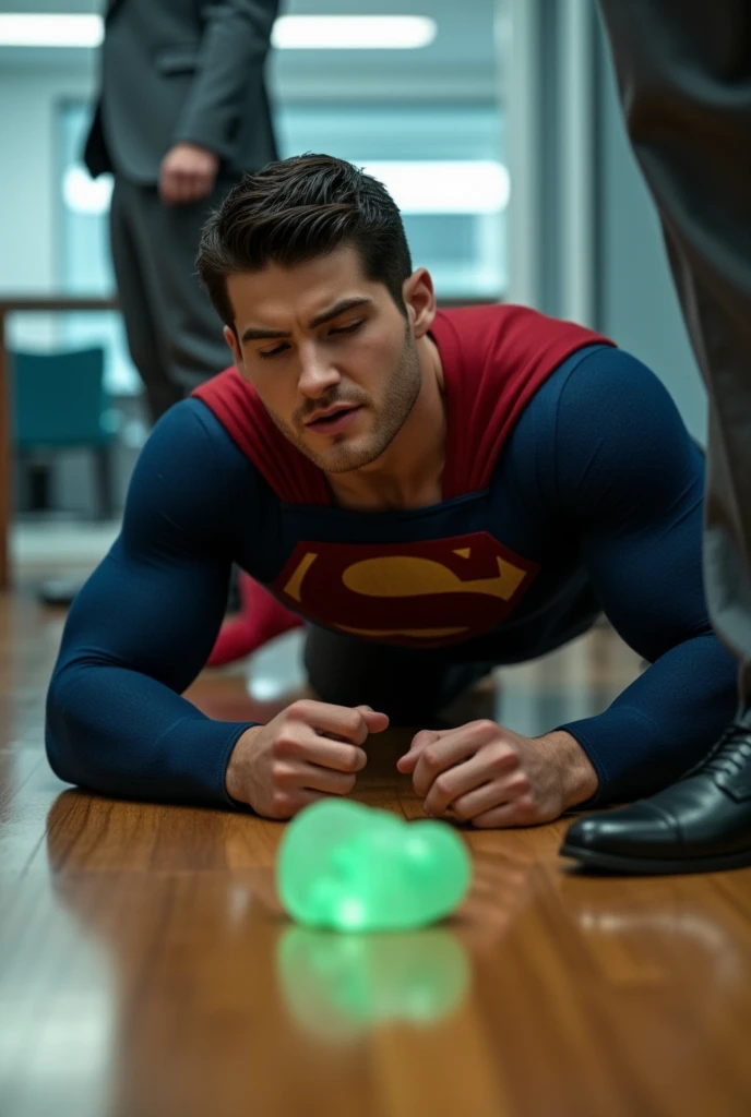 a muscular attractive Cody Christian dressed in a Superman costumet, crawling on a wooden floor, eyes closed, mouth slightly open, head down, small glowing green rock on the floor. His facial expression appears pained or exhausted, with an expression of pain. In the background, there is a blurred view of a modern office. Another person, only partially visible, stands nearby, wearing a gray suit and black shoes