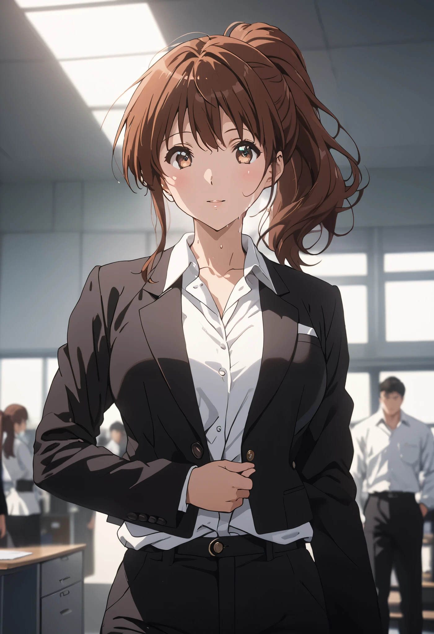 masterpiece, Best Quality, High resolution,16k,official art,super detailed skin,detailed,animated painting, (Kumiko Oumae:1.3),1990s \(style\),(black office jacket,white shirt,black pants:1.3)、(E-cup beautiful breasts)、clevage, (tall:1.2),height: 170cm,Fashion model body type、Sweating all over the body、vapor、Muscular、(sexy),nsfw,Sweaty、Configuration from the front、happy,Anime-style painting style,brown Hair,medium ponytail Hair、Close up on full body,Cinematic lighting,Superfine,in the school,winter,(sexy),