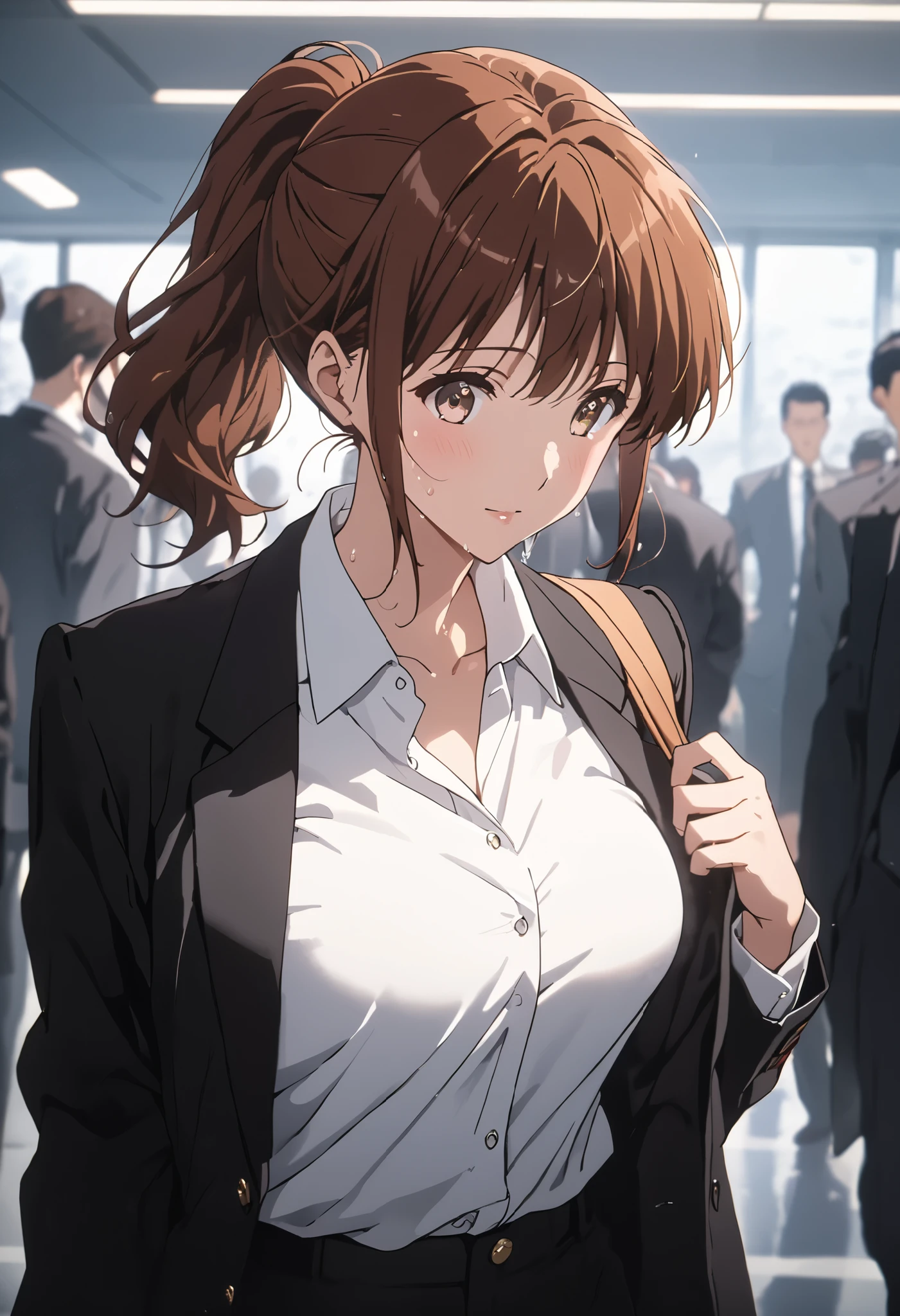 masterpiece, Best Quality, High resolution,16k,official art,super detailed skin,detailed,animated painting, (Kumiko Oumae:1.3),1990s \(style\),(black office jacket,white shirt,black pants:1.3)、(E-cup beautiful breasts)、clevage, (tall:1.2),height: 170cm,Fashion model body type、Sweating all over the body、vapor、Muscular、(sexy),nsfw,Sweaty、Configuration from the front、happy,Anime-style painting style,brown Hair,medium ponytail Hair、Close up on full body,Cinematic lighting,Superfine,in the school,winter,(sexy),