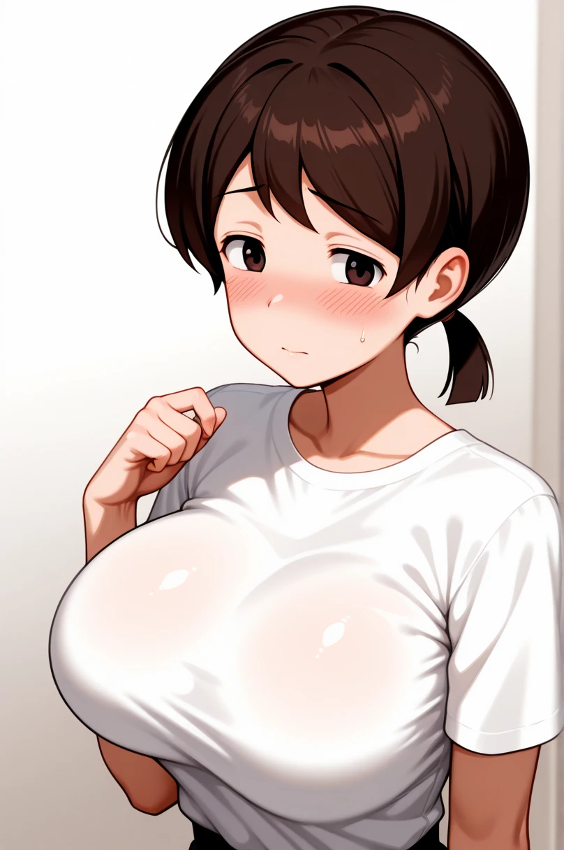  has brown hair , Low double ponytail,  brown eyes,  blush, White,  Big Breasts , White内裤