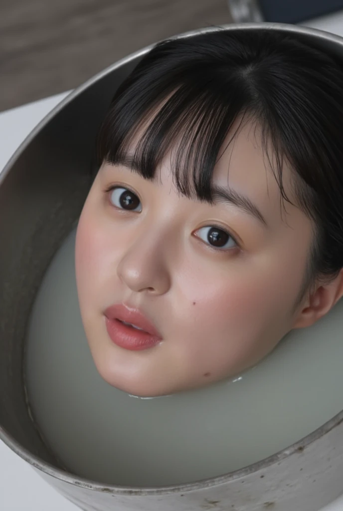 (The high resolution photograph of a young Japanese woman's disembodied head in a lower pot on the table top), photo realistic, masterpiece, amazing quality, intricate details, professional lighting, close-up of her head, face focus, black hair with thick blunt bangs, (open mouth, cum in mouth), detailed face, detailed eyes, sophisticated nose, indoors, bright room, daylight, tomak,