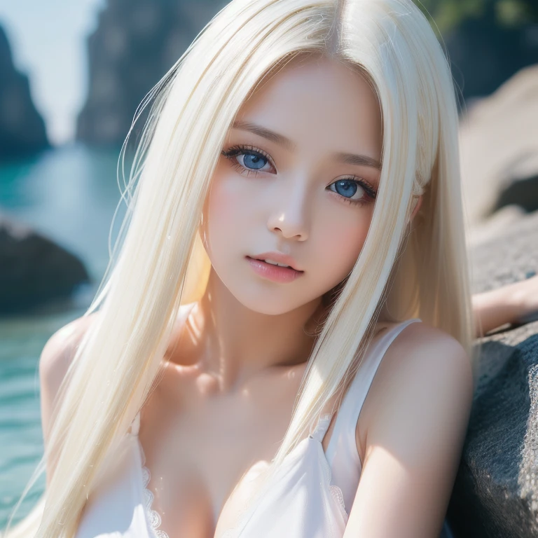 (Highest quality, 32k, High resolution, masterpiece:1.5,), An award-winning masterpiece with incredible detail, Beautiful Japanese Women, Very beautiful face, (((whole body))), Perfect Human Anatomy, Magic big eye, Fleeting Expression, ((Shiny platinum blonde silk hair)), Perfectly organized, Super straight silk hair, Beautiful asymmetrical bangs, Hair between the eyes, Bright makeup, transparent, Soft white skin, Beautifully trimmed, Thin and fine eyebrows, Transparent double eyelids, Attractive pink lips, ((High-quality bikini with colorful painted patterns)), High resolution perfect collarbone, High resolution beautiful bust, Slim figure, High resolutionの美しい太もも, ((Beach at night:1.3)), Beautiful moonlit sea, ((Starry Sky)), Beautiful white full moon, Professional Lighting, Professional Photographer, Professional models