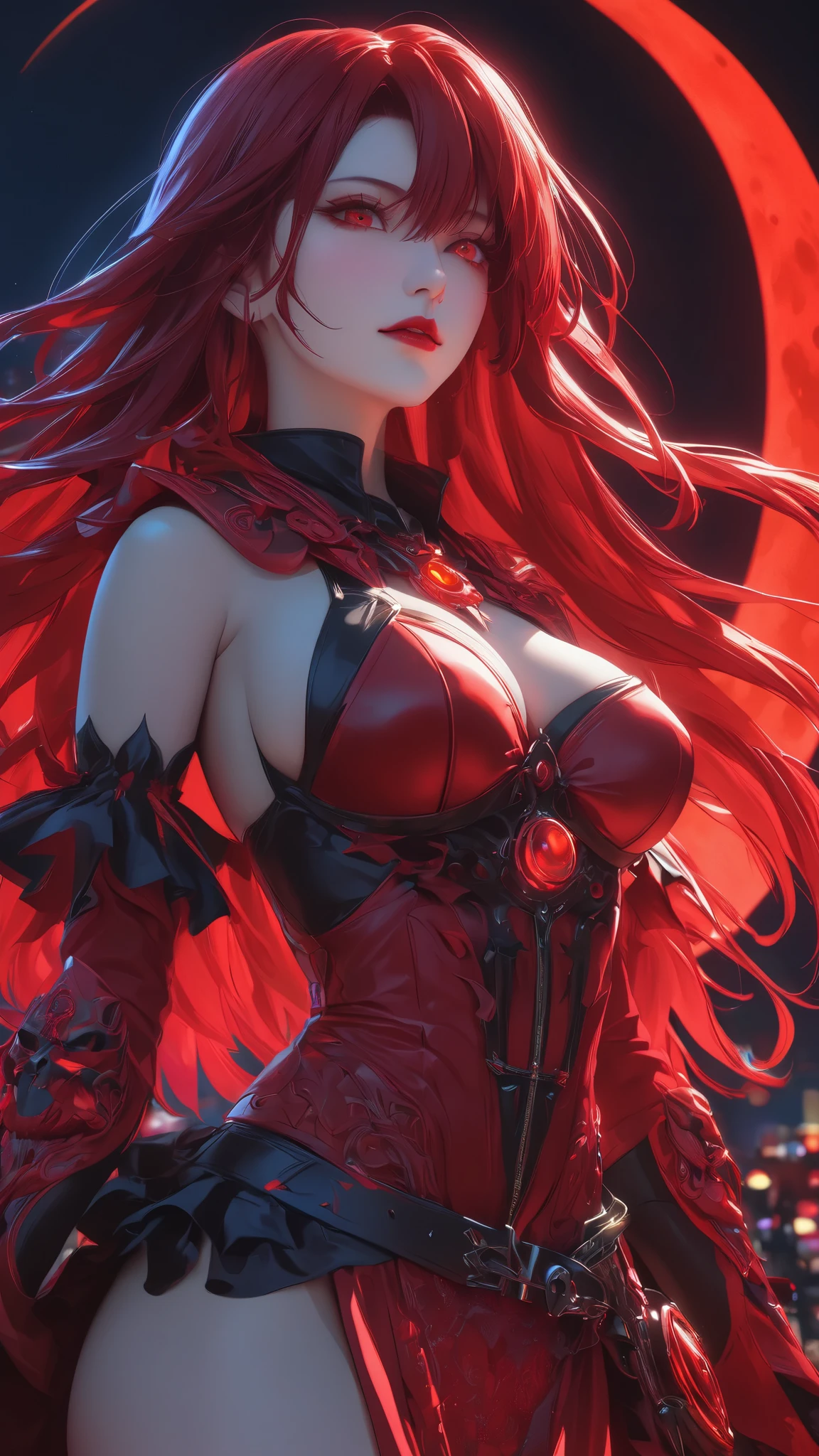 woman,Red Necromancer, Blood Moon,  ray tracing, masterpiece,  top quality,   ultra quality,  absurd detail, best Light,  sharp,  sharp image, ultimate, Details, extremely   Details,  high resolution,  16k, 超 high resolution,   particle effect , Beautiful Effects,  bright color, neon Light, neon, Light, close-up、Super big breasts、、 low angle、