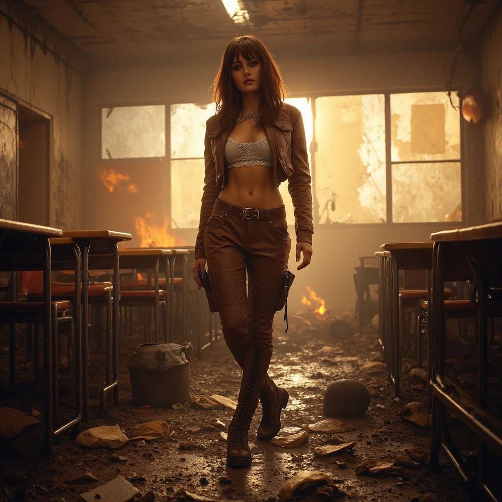 brunette teacher in brown leather cargo pants, white fishnet top, leather cropped jacket, combat boots with lacing, wartorn classroom, sunset, godrays, smoldering ruins, fiery sparks, burning debris