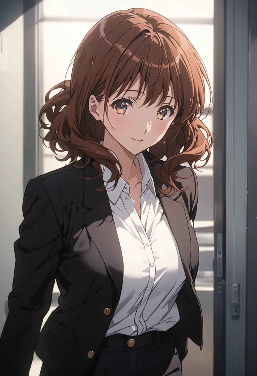 masterpiece, Best Quality, High resolution,16k,official art,super detailed skin,detailed,animated painting, (Kumiko Oumae:1.3),1990s \(style\),(black office jacket,white shirt,black pants:1.3)、(E-cup beautiful breasts)、clevage, (tall:1.2),height: 170cm,Fashion model body type、Sweating all over the body、vapor、Muscular、(sexy),nsfw,Sweaty、Configuration from the front、happy,Anime-style painting style,brown Hair,medium wavy Hair、Close up on full body,Cinematic lighting,Superfine,in the school,winter,(sexy),