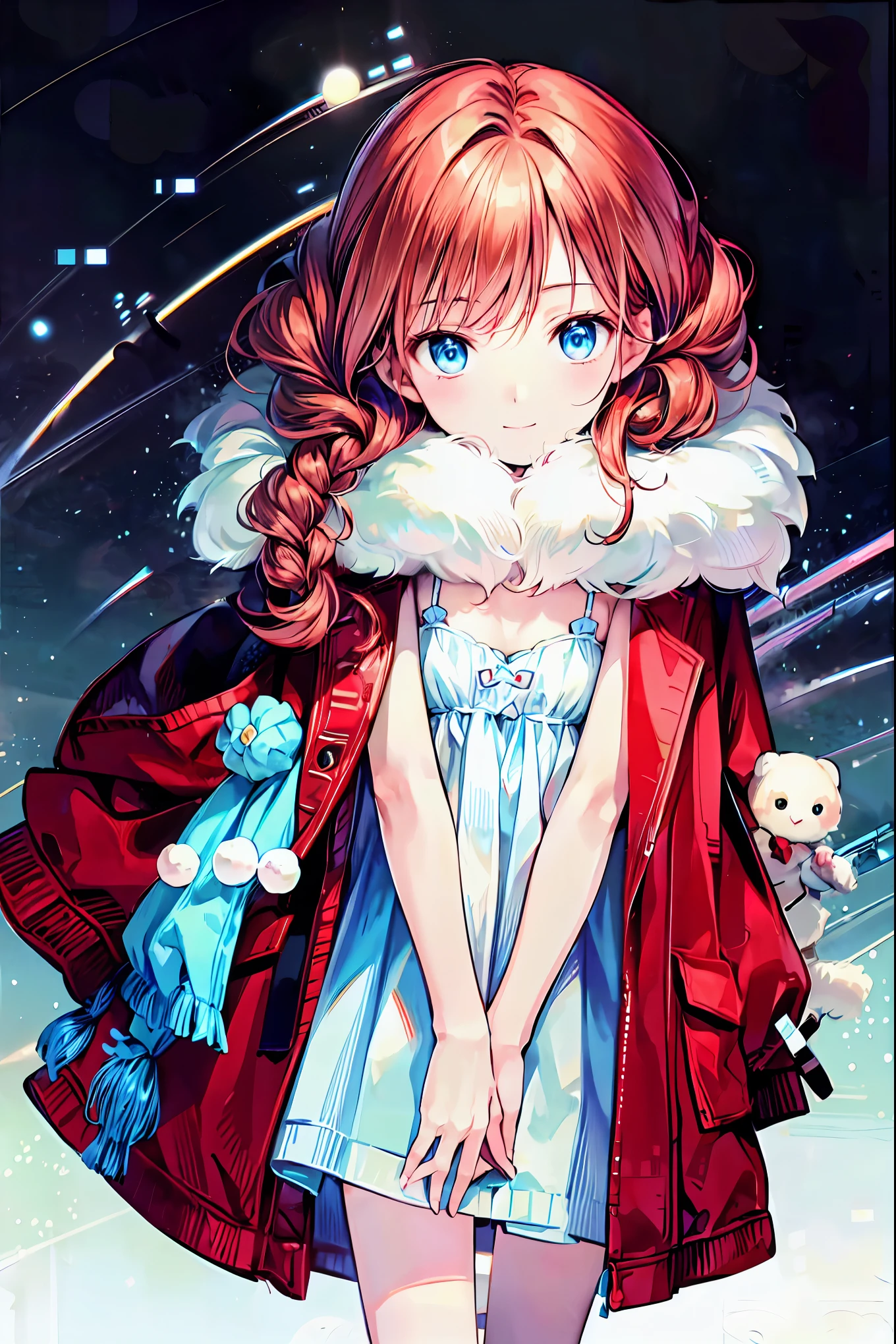 Winter clothes、Red coat、Bare legs、(   top quality ,masterpiece:1.3,    Ultra Fine ),(    very detailed,    caustics,8k),(    realistic :1.4,RAW shooting),18 years old,    Japanese    ,    cute,  Looking at the camera and smiling   ,(    Focus on Face   :1.2),(    face close-up   :1.2),(Low position:1.3),(    low angle:1.4),  brown hair，    shortcuts，    slender beauty    ，    messy hair，Cityscape，  brown hair，   shortcuts，   tousled hair ，  short braided hair，Neat，  Slender and beautiful woman ，Correct posture，  small breasts，   Beautiful Legs，   Enchanting gray-blue eyes shine like stars，Droopy eyes，   bright color ,   beautiful eyes,A delicate smile,  Textured Skin, BEST QUALITY BEST   ,   A humorous parody of a gentle and beautiful woman   ,   anime style､