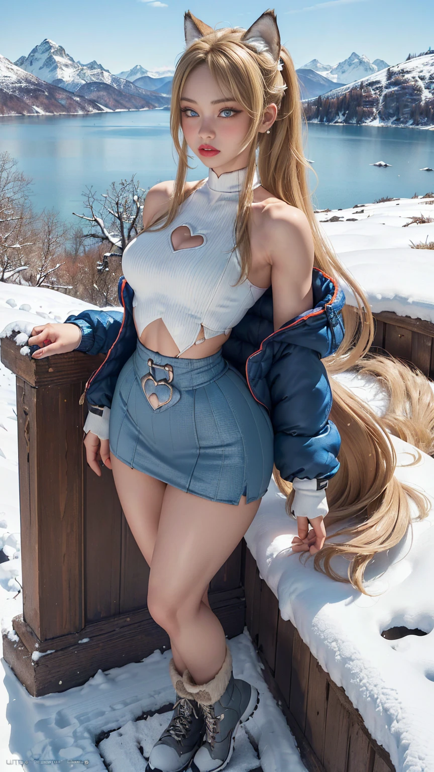 ((very detailed RAW color photo)), (((1 girl))), (((alone))), (((29 years))), ((athletic)), ((very defined toned physique)), ((very defined and beautiful muscular body)), (((very detailed perfect body))), (((small and defined breasts))), (((ultra defined curves))), (((superior quality, 8k, masterpiece: 1.3)), sharp focus: 1.2, (((extremely beautiful girl with perfect figure: 1.4))), ((very thin waist: 1.2)), ultra detailed skin texture,  ((perfect and beautiful hands)), ((smooth and soft skin)), (ultra detailed fabric texture), extremely beautiful ultra detailed face, (((extremely beautiful))), intricate details, ultra detailed, (((girl wearing a tight snowsuit and hiking boots))), (((extremely long straight blonde hair))), extremely beautiful, (((extra long ponytail with bangs))), ((very detailed and beautiful wolf ears)),  (hair on the face), ((hair ribbon)), dynamic pose, ((uniform leaves thighs exposed)), ((ultra detailed and toned legs)), (((ultra detailed waist))), (((very wide hips))), (((very thick and toned thighs))), (sexy), (((extreme hourglass figure))), (((very thick heart lips))), ((red lipstick)), ((ultra detailed lips)), ((ultra detailed blue eyes)), ((angry look)),  (((staring at the viewer))), ultra-detailed provocative mouth, extremely beautiful seductive lips, ((blushing)), (makeup), (((ultra-defined waist))), eye shadow, (full body shot), on a frozen lake in Siberia