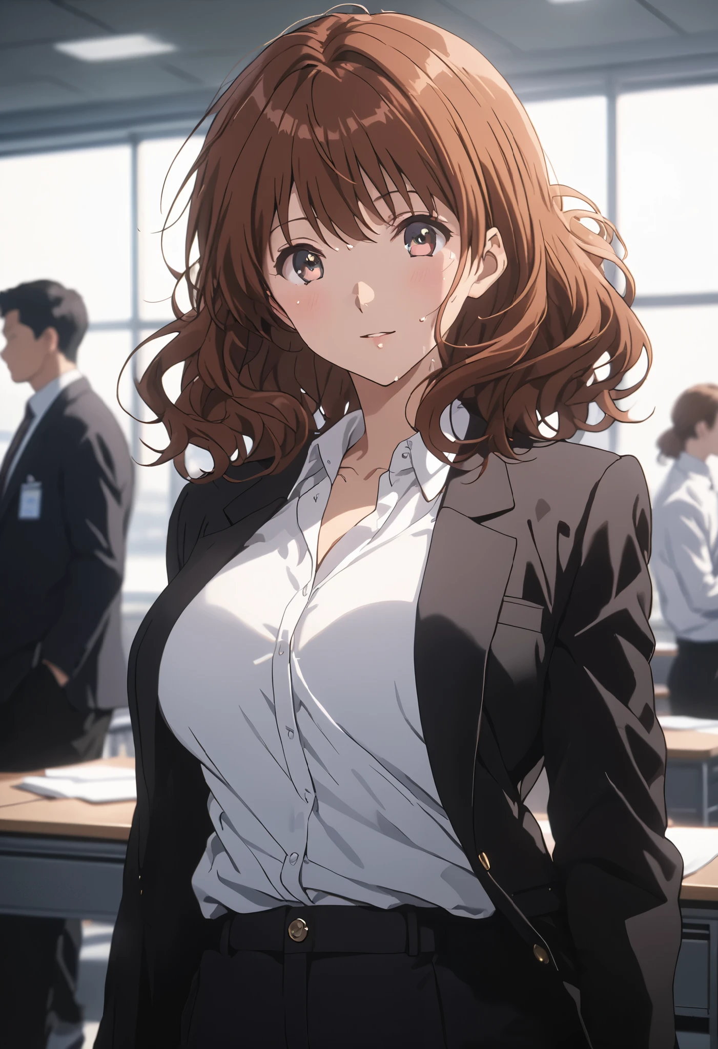 masterpiece, Best Quality, High resolution,16k,official art,super detailed skin,detailed,animated painting, (Kumiko Oumae:1.3),1990s \(style\),(black office jacket,white shirt,black pants:1.3)、(E-cup beautiful breasts)、clevage, (tall:1.2),height: 170cm,Fashion model body type、Sweating all over the body、vapor、Muscular、(sexy),nsfw,Sweaty、Configuration from the front、happy,Anime-style painting style,brown Hair,medium wavy Hair、Close up on full body,Cinematic lighting,Superfine,in the school,winter,(sexy),