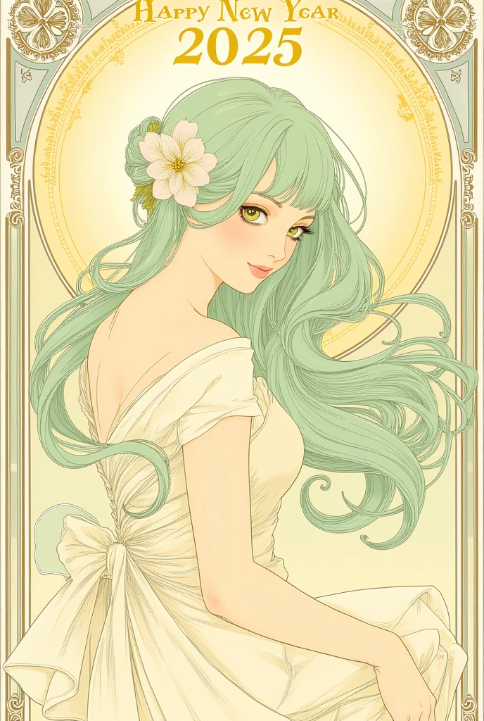 poster, new year, write "HAPPY NEW YEAR" and "2025" in calligraphy, girl, light green hair, light green eyes, large breast, long hair, long legs, 22 years old, accent color is light yellow, (transition of time from 2024 to 2025:1.3), Alphonse Mucha Style, AM Style, Art Nouveau Poster