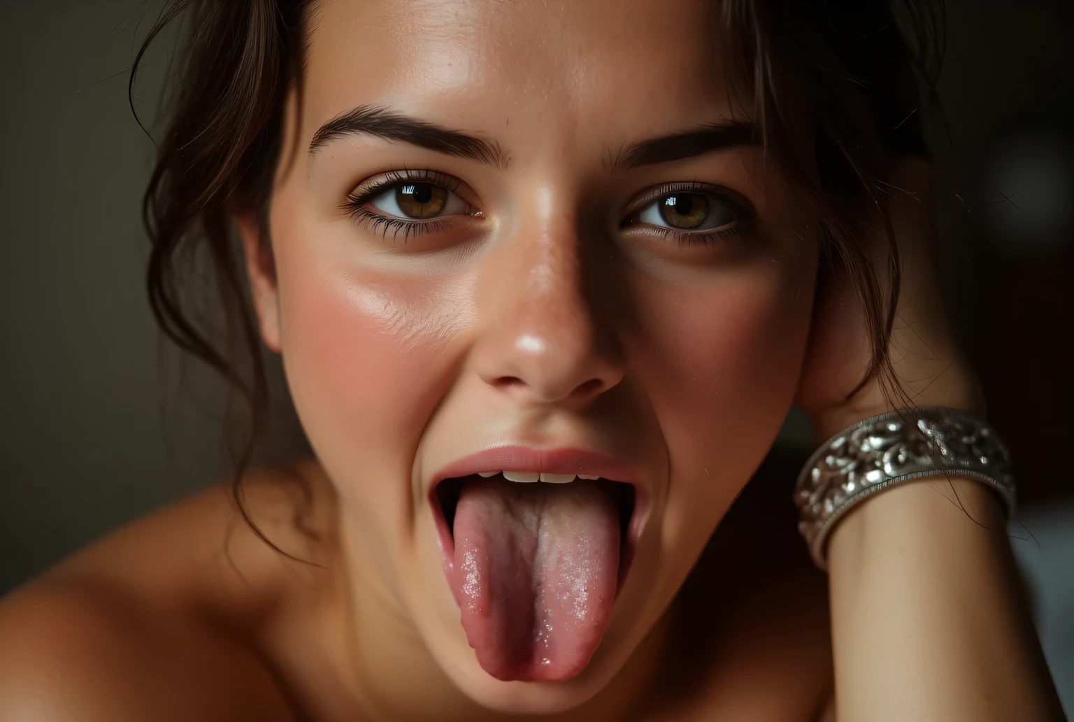 A photograph captures a close-up of a woman's face, with her mouth open and wide wet tongue extended. She has light skin and brunette hair pulled back. Her eyes are directed towards the camera. The woman's facial expression suggests arousal, with her smooth tongue and mouth open. She is wearing a silver bracelet on her right wrist. The image is intimate and explicit, focusing on the woman's face, She is kneeling and looking straight to the camera