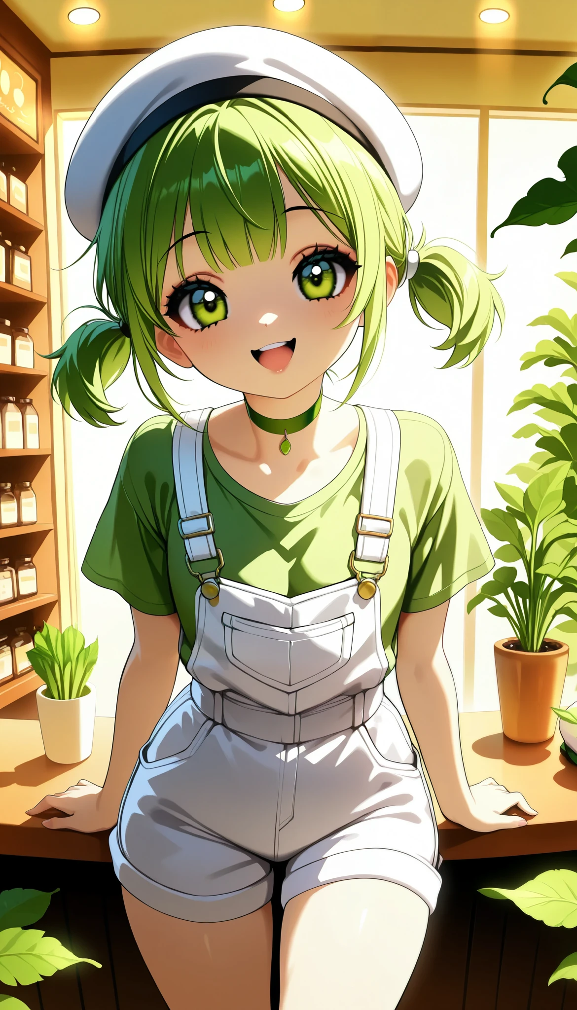 Daikon-chan :1.2, DKG , smile:1.2,  open your mouth,  beautiful skin:1.4,  Beautiful Detailed Eyes ,  green eyes,  glossy lips ,  very detailed face, elegant fingertips, ((white beret with leaves,  green hair short twin tails:1.2, Green T-shirt,  white overalls  , Green choker)),  back view, (( Random Poses)),  turn around, Twist your body,  dramatic lighting ,  cute atmosphere ,  beautiful thighs ,  bright color, Open cafe background, Inside the cafe,  calm atmosphere ,  cinematic composition ,  anime style:1.2, Detailed CG illustration, 8k, masterpiece．