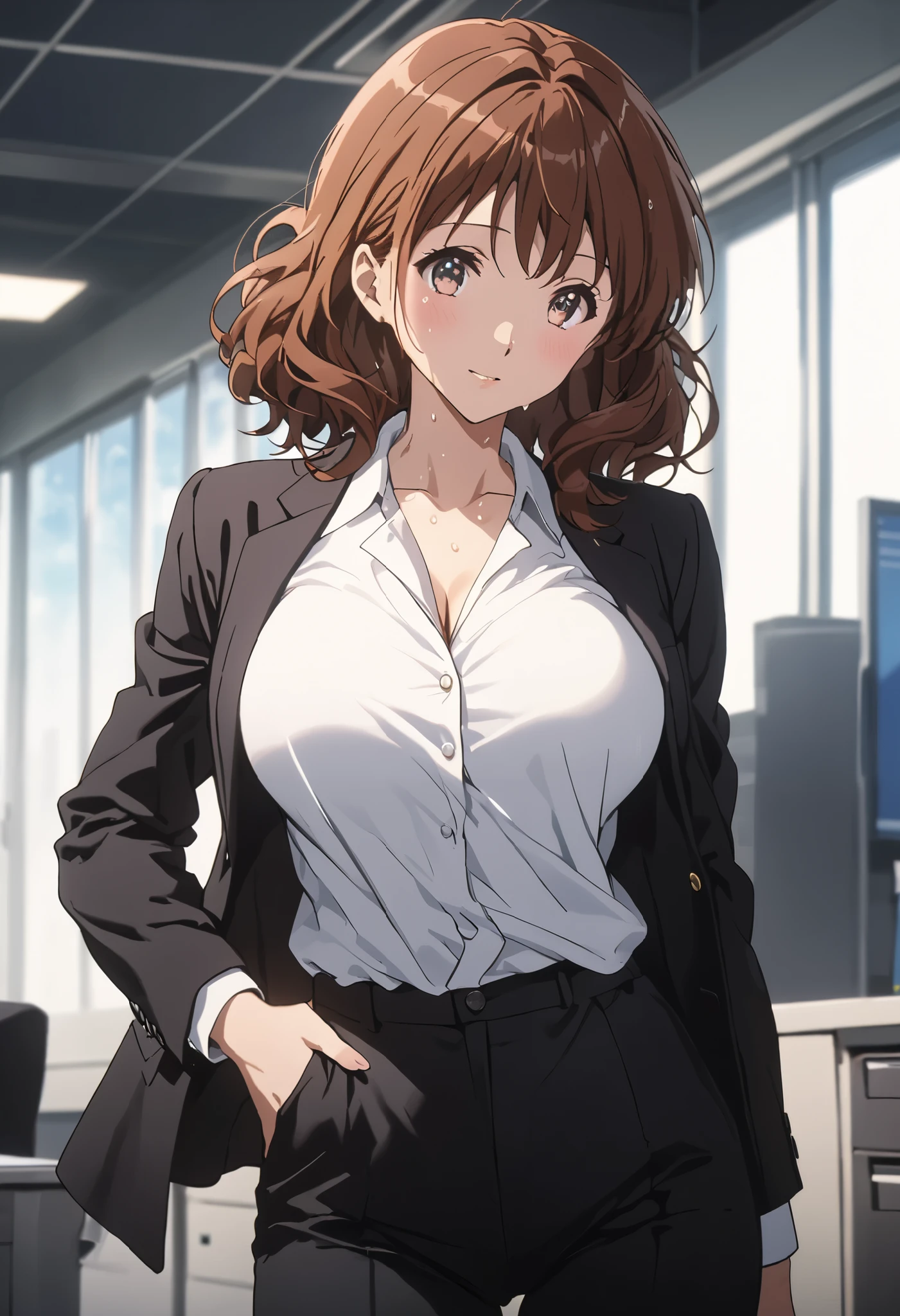 masterpiece, Best Quality, High resolution,16k,official art,super detailed skin,detailed,animated painting, (Kumiko Oumae:1.3),1990s \(style\),(black office jacket,white shirt,black pants:1.3)、(E-cup beautiful breasts)、clevage, (tall:1.2),height: 170cm,Fashion model body type、Sweating all over the body、vapor、Muscular、(sexy),nsfw,Sweaty、Configuration from the front、happy,Anime-style painting style,brown Hair,medium wavy Hair、Close up on full body,Cinematic lighting,Superfine,in the school,winter,(sexy),