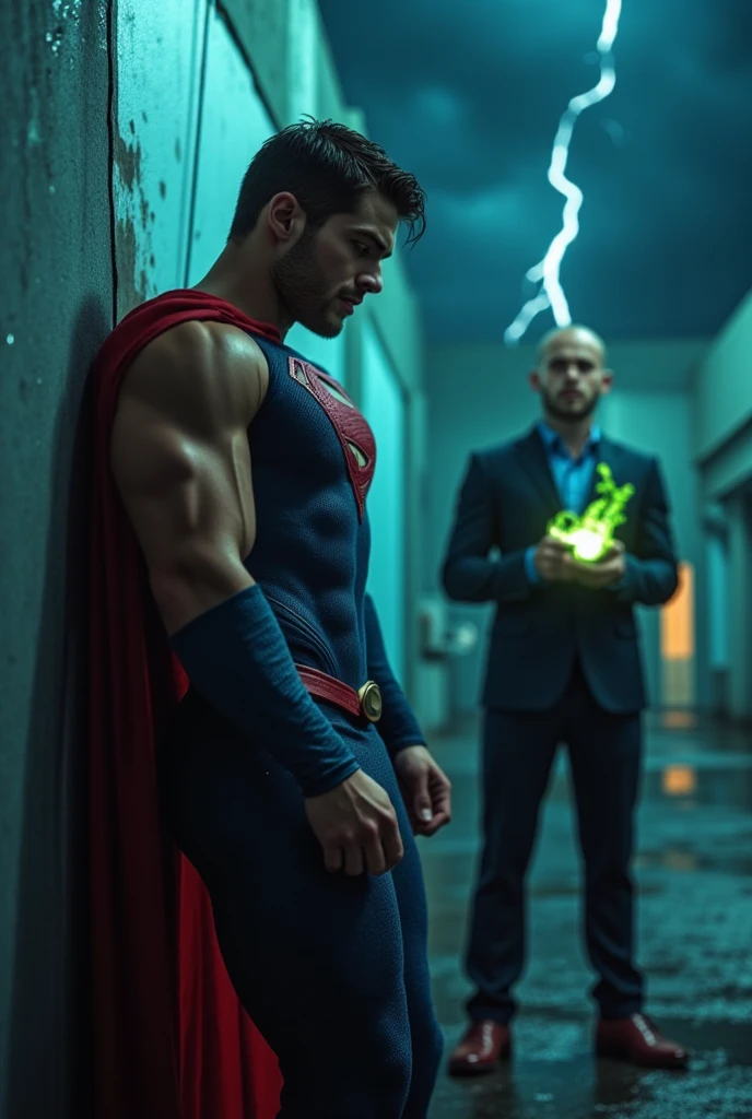 A muscular attractive Cody Christian, strong physique, muscular thighs, Sexy and charming expression，gloomy eyes，Blue eyes, wetclothes, dressed in tight blue Superman suit, a red cape falls behind his shoulders, and he wears red superhero boots, leaning against a wall, in pain, his eyes closed. Standing next to Henry is a bald man, dressed in a dark suit, holding a glowing green crystal in his hand. Dark clouds lightning background, night lighting, cinematic and moody, (best quality,4k,8k,highres,masterpiece:1.2),ultra-detailed,(realistic,photorealistic,photo-realistic:1.37),HDR,studio lighting,professional,vivid colors,dramatic lighting