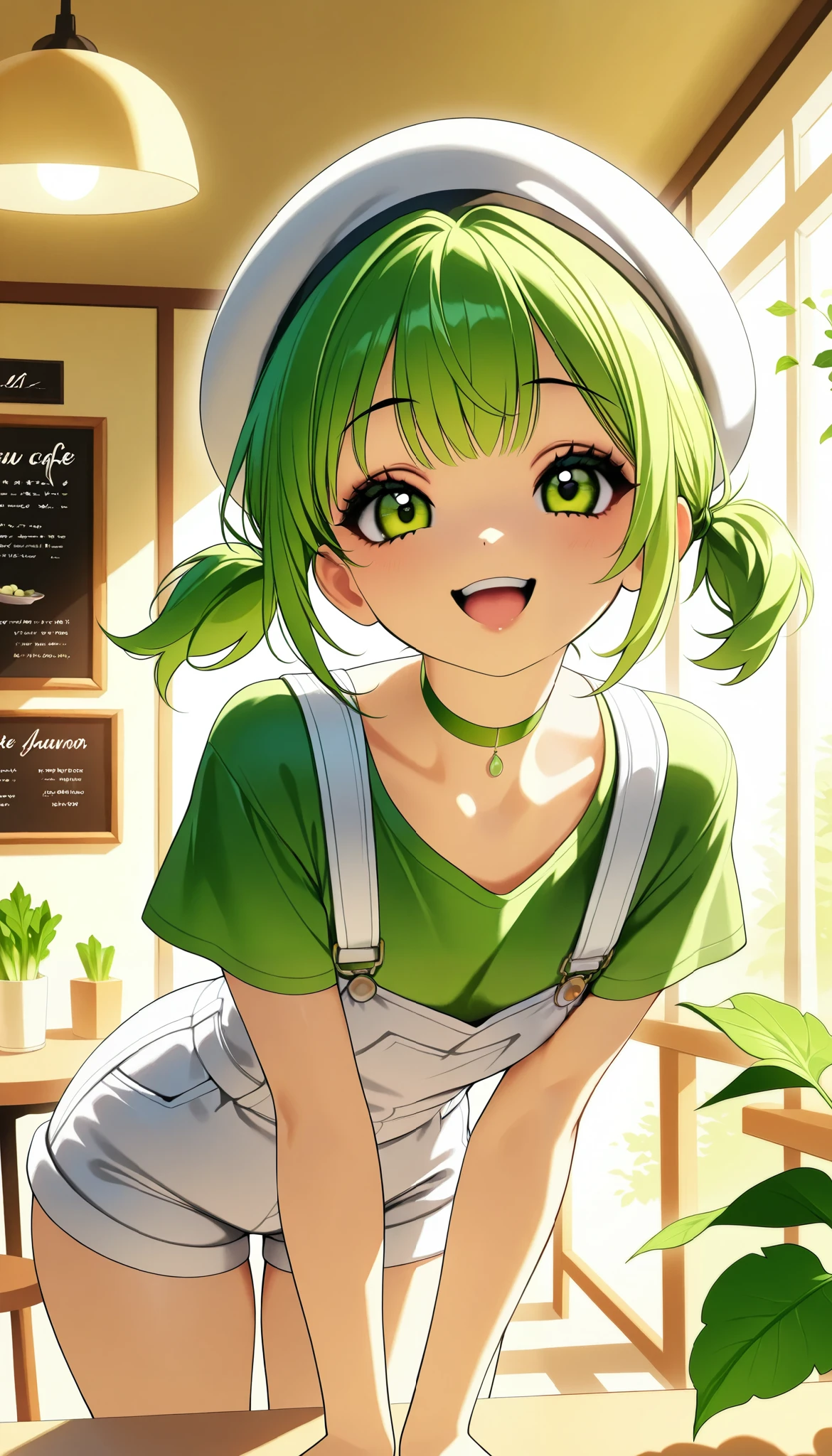 Daikon-chan :1.2, DKG , smile:1.2,  open your mouth,  beautiful skin:1.4,  Beautiful Detailed Eyes ,  green eyes,  glossy lips ,  very detailed face, elegant fingertips, ((white beret with leaves,  green hair short twin tails:1.2, Green T-shirt,  white overalls  , Green choker)),  back view, (( Random Poses)),  turn around, Twist your body,  dramatic lighting ,  cute atmosphere ,  beautiful thighs ,  bright color, Open cafe background, Inside the cafe,  calm atmosphere ,  cinematic composition ,  anime style:1.2, Detailed CG illustration, 8k, masterpiece．