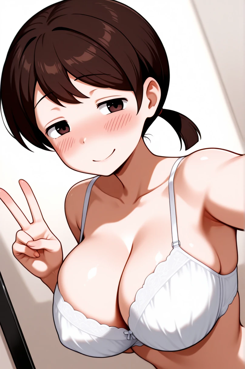  has brown hair , Low double ponytail,  brown eyes,  blush, White,  Big Breasts , White内裤，Wearing only underwear，A lewd smile，Selfie