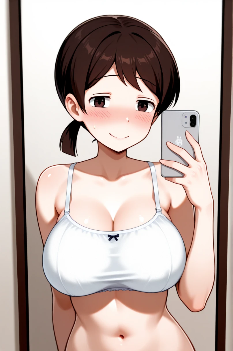  has brown hair , Low double ponytail,  brown eyes,  blush, White,  Big Breasts , White内裤，Wearing only underwear，A lewd smile，Selfie