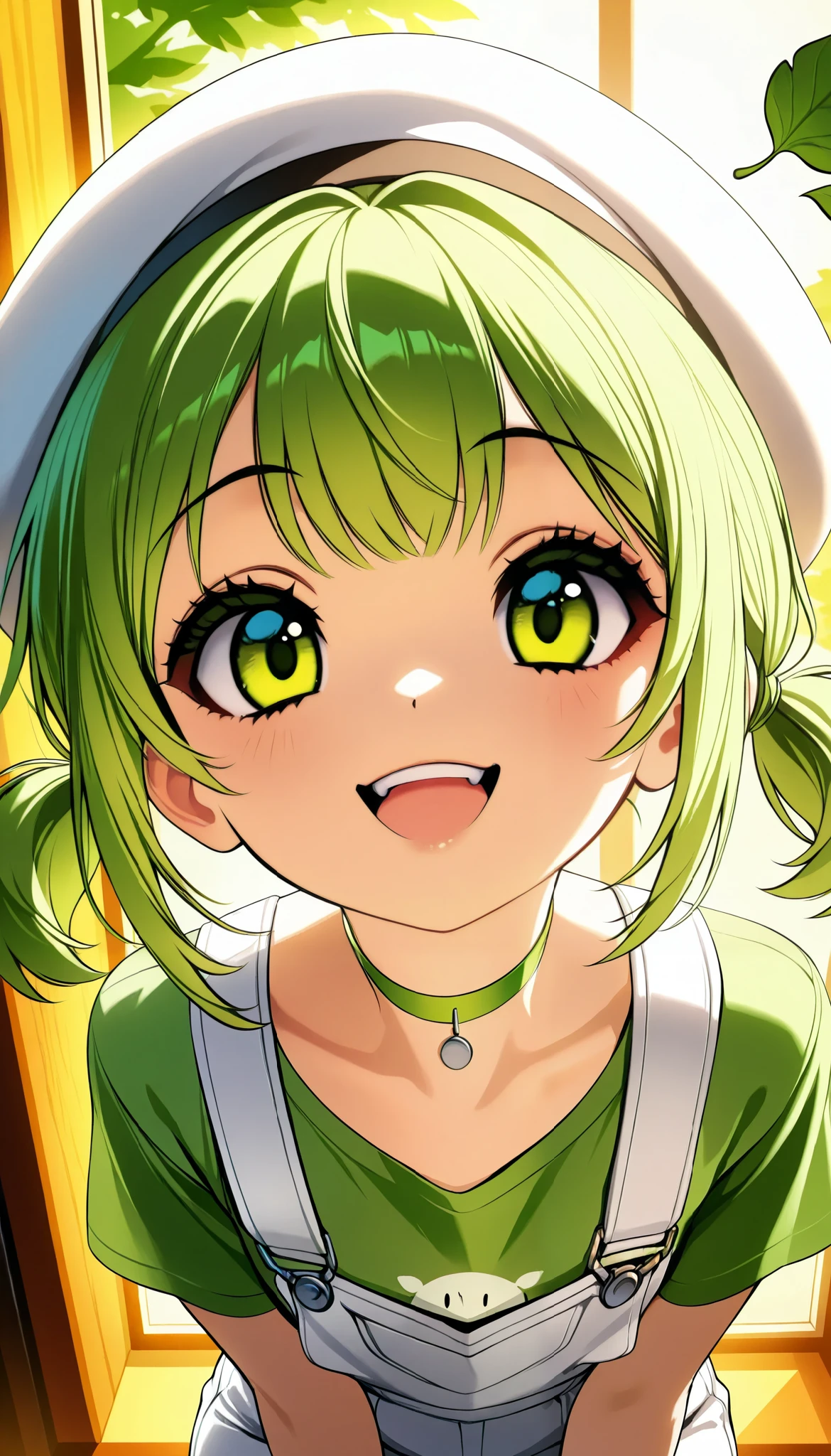 Daikon-chan :1.2, DKG , smile:1.2,  open your mouth,  beautiful skin:1.4,  Beautiful Detailed Eyes ,  green eyes,  glossy lips ,  very detailed face, elegant fingertips, ((white beret with leaves,  green hair short twin tails:1.2, Green T-shirt,  white overalls  , Green choker)),  back view:1.2, (( Random Poses)),  turn around, Twist your body,  dramatic lighting ,  cute atmosphere ,  beautiful thighs ,  bright color, Open cafe background, Inside the cafe,  calm atmosphere ,  cinematic composition ,  anime style:1.2, Detailed CG illustration, 8k, masterpiece．