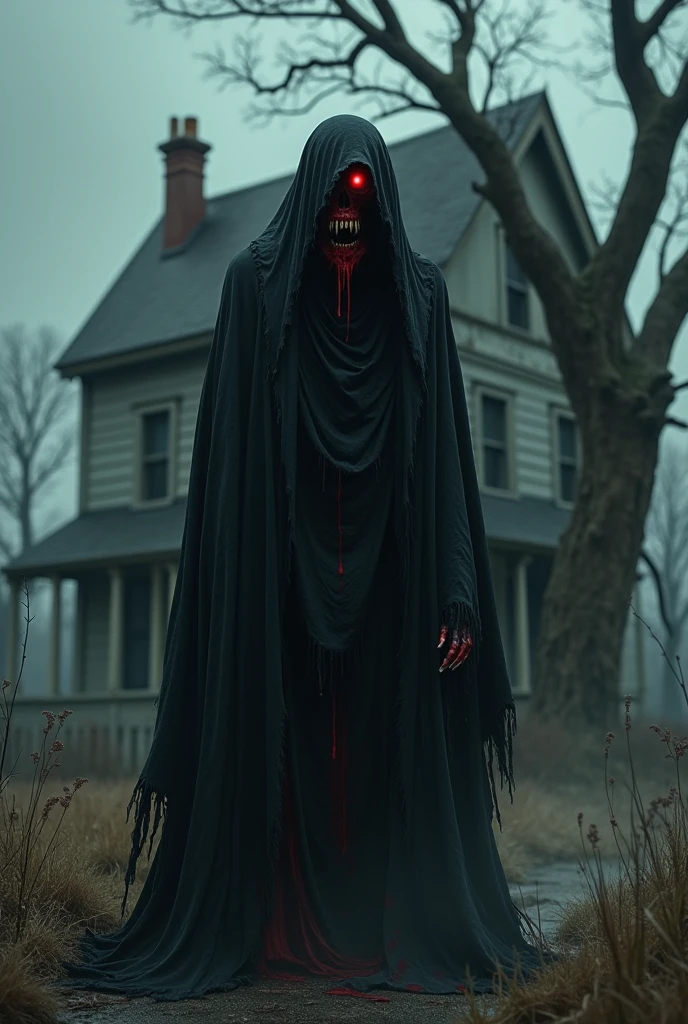 A black shadow ghost-like figure with sharp metal teeth and glowing yellow eyes wearing a black cloak in a foggy night forest ripping a bloody hiker apart, gore, nightmare 