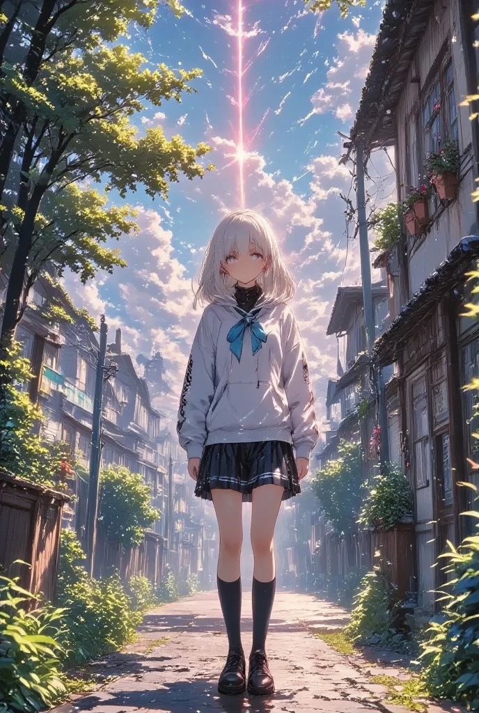 masterpiece, solo, kawaii anime, 1girl, she is a student with skirt, white hair, long hair, hoodie, detailed illustration, long eyelashes, best quality, sunny , anime background, dramatic portrait, country road, narure, bright image,cinematic lighting, bokeh , blurry background, backlit, film camera effect, kawaii anime, intricate artwork, beautiful composition, lens flare, realistic anime, hdr, 16k, ultra aesthetic illustration,
