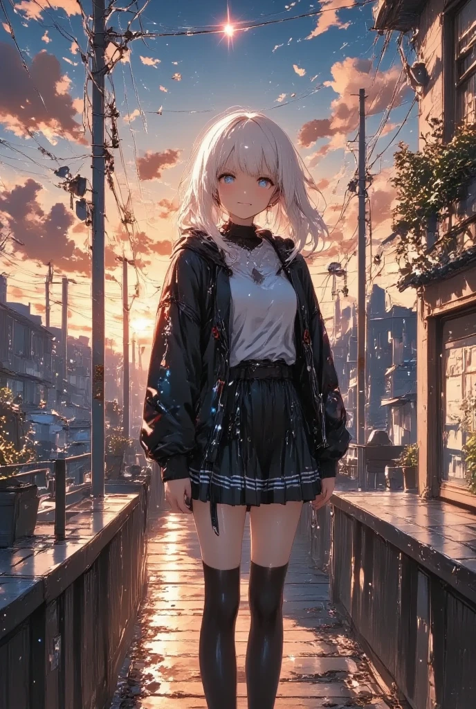 masterpiece, solo, kawaii anime, 1girl, she is a student with skirt, white hair, long hair, hoodie, detailed illustration, long eyelashes, best quality, sunny , anime background, dramatic portrait, country road, narure, bright image,cinematic lighting, bokeh , blurry background, backlit, film camera effect, kawaii anime, intricate artwork, beautiful composition, lens flare, realistic anime, hdr, 16k, ultra aesthetic illustration,
