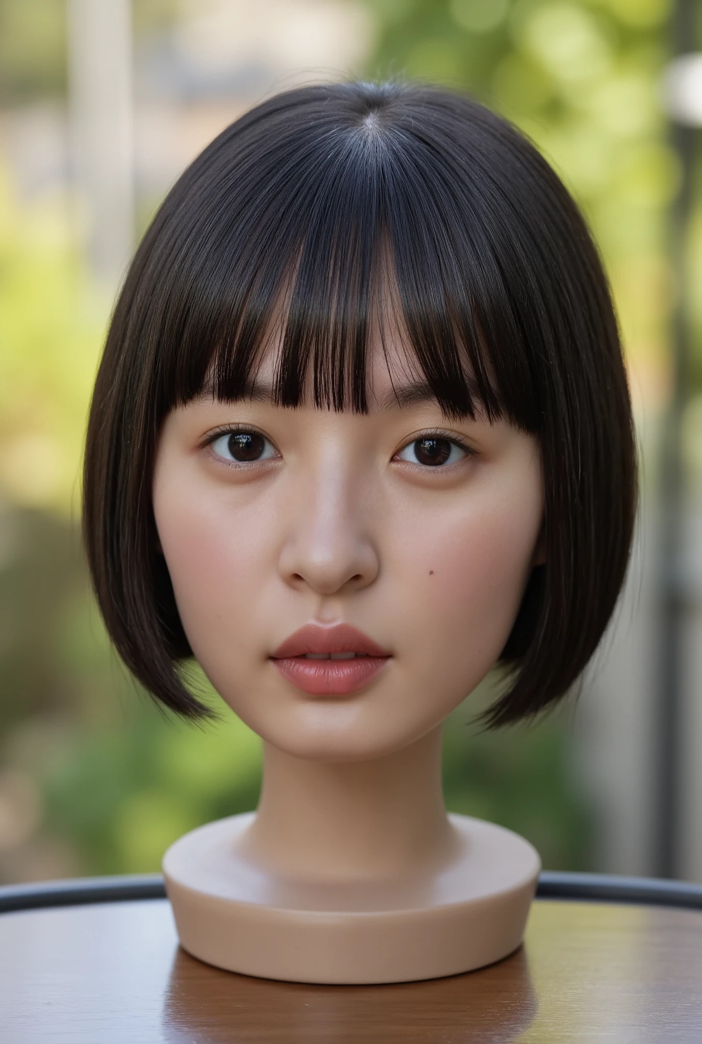 (The high resolution photograph of a young Japanese woman's disembodied head in a flower pot on the table), photo realistic, masterpiece, amazing quality, intricate details, professional lighting, close-up of her head, face focus, black hair with thick blunt bangs, detailed face, detailed eyes, sophisticated nose, view from above, looking up at the viewer, outdoors, bright room, daylight, tomak,