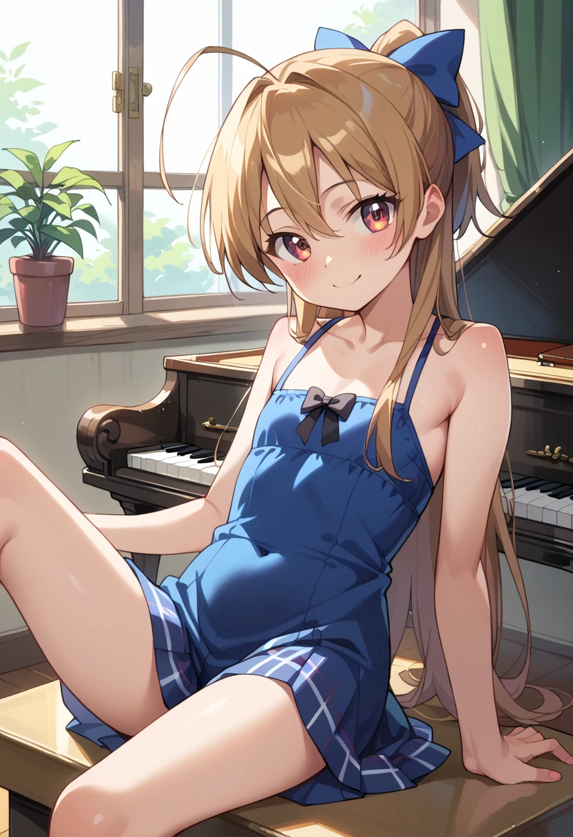 (( top quality)), ((masterpiece)), (be familiar with), perfect face, indoor, bedroom,  Watching Viewers ,
One woman, Miyamoto Rei,
開いた口,  ecstatic expression beside the piano, blush, smile,
 small ,  flat chest, Young girl, Lori,  ,  girl,
 long hair,  Ponytail,
Leg spread,