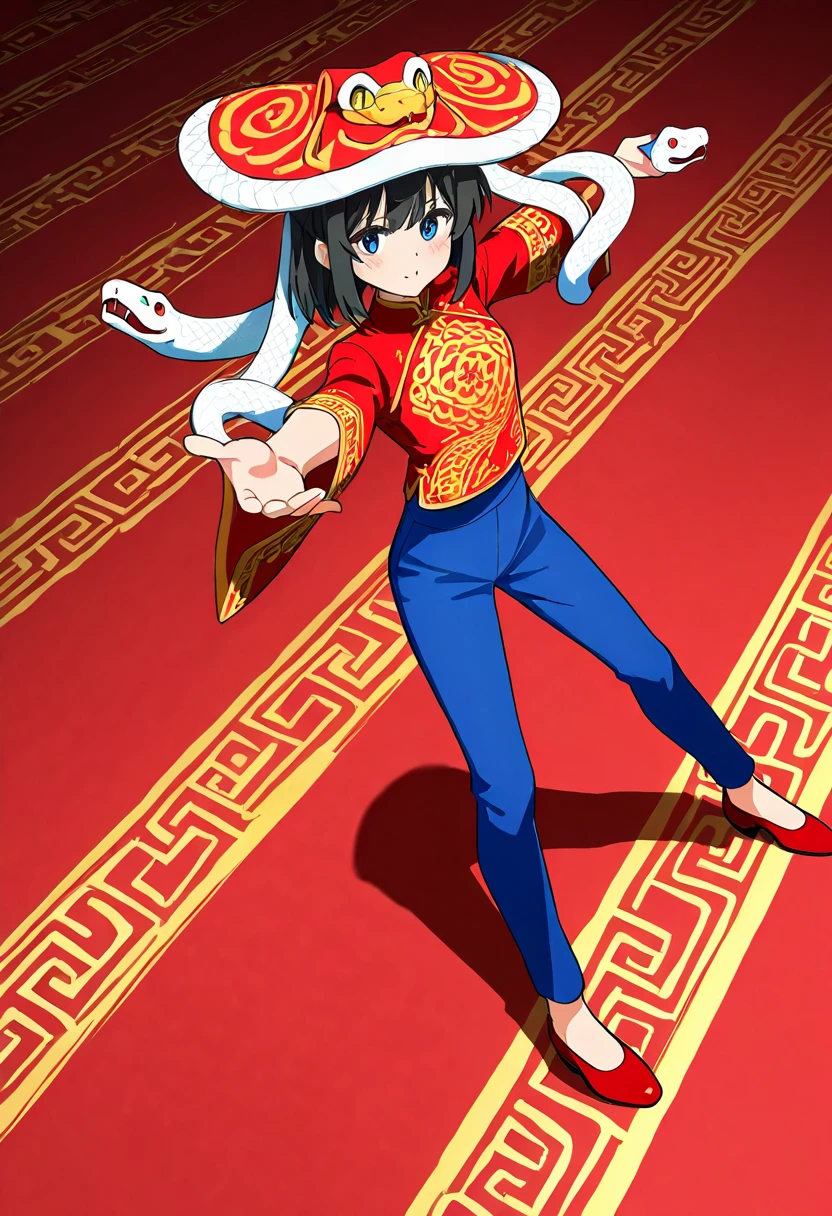 Snake dance hat， snake dance，A lively digital anime-style drawing captures a young girl rocking a traditional Chinese snake dance outfit. The kid's standing on a red carpet. He's decked out in a red long-sleeved shirt with gold patterns， blue pants， and red shoes.