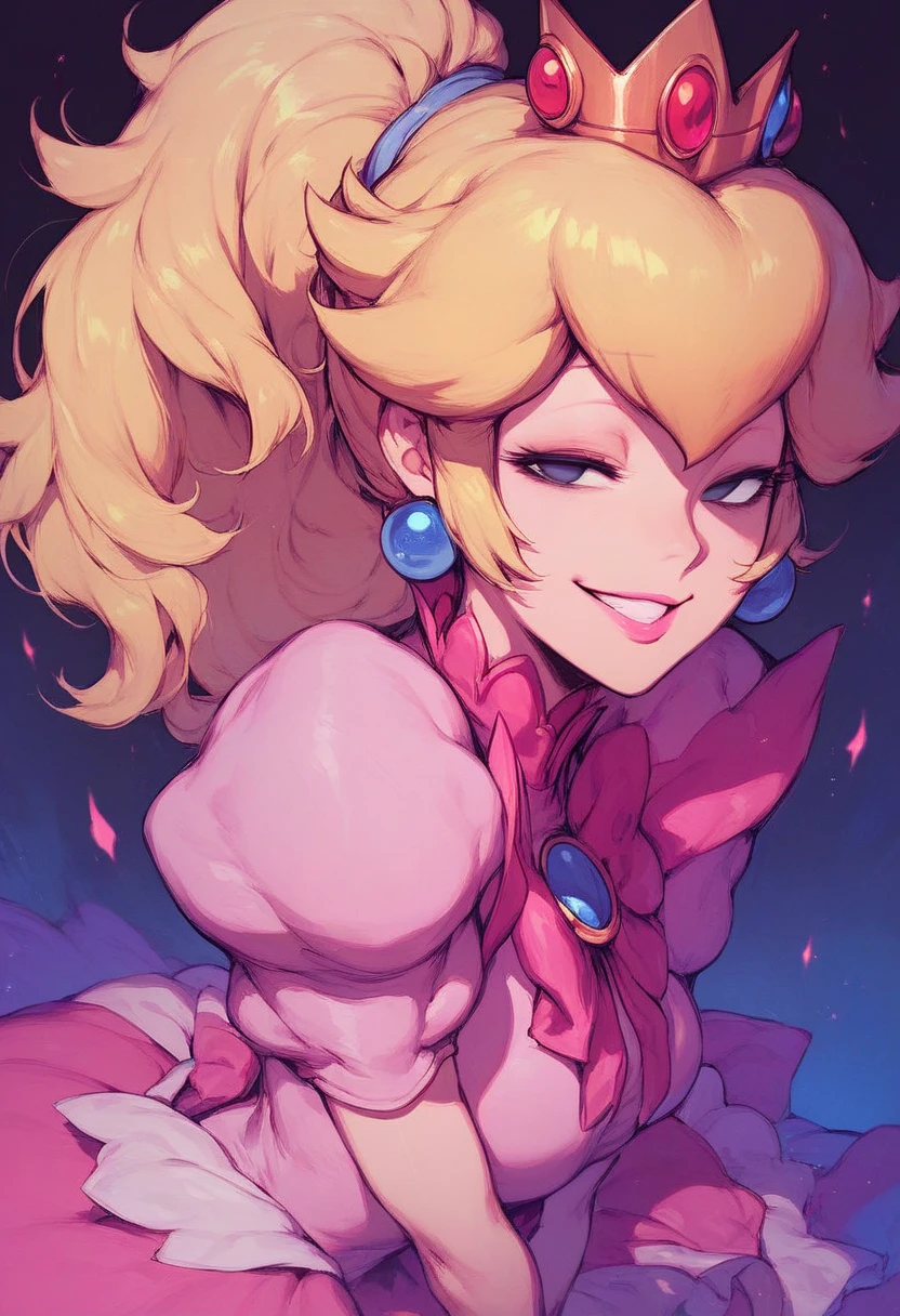 Princess peach, standing up, peaceful, smiling, solo, princess peach, blonde hair, earrings, anime style, corruption, empty eyes, half-closed eyes, evil grin, dark magical girl